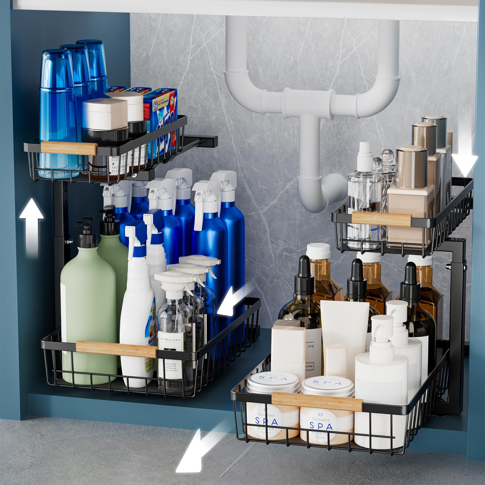 2 Pack Under Sink Organizer - 2 Tier Pull Out Bathroom & Kitchen Cabinet Organizer, Height Adjustable Slide Out Storage Shelf for Pantry, Bathroom & Kitchen (Black) - Perfect for Maximizing Under Sink Space & Organizing Cleaning Supplies