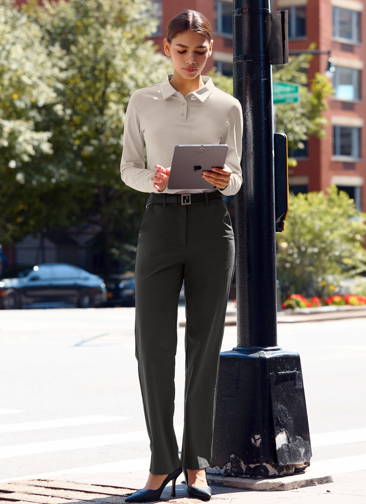 Women's High-Waisted Twill Fluffy Slacks - Soft Stretchy Comfort Pants for Work, Travel & Lounge | Magic Banding Elastic Waist Trousers