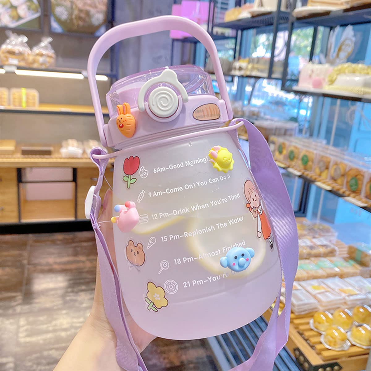 1300ml Kawaii Cute Water Bottle with Stickers & Straw - Big Belly Sports Bottle, Portable Jug with Strap for Kids, Students, Boys & Girls - Perfect for School, Outdoor Walking, Picnic, Travel, Gym & Gifts for Women & Friends
