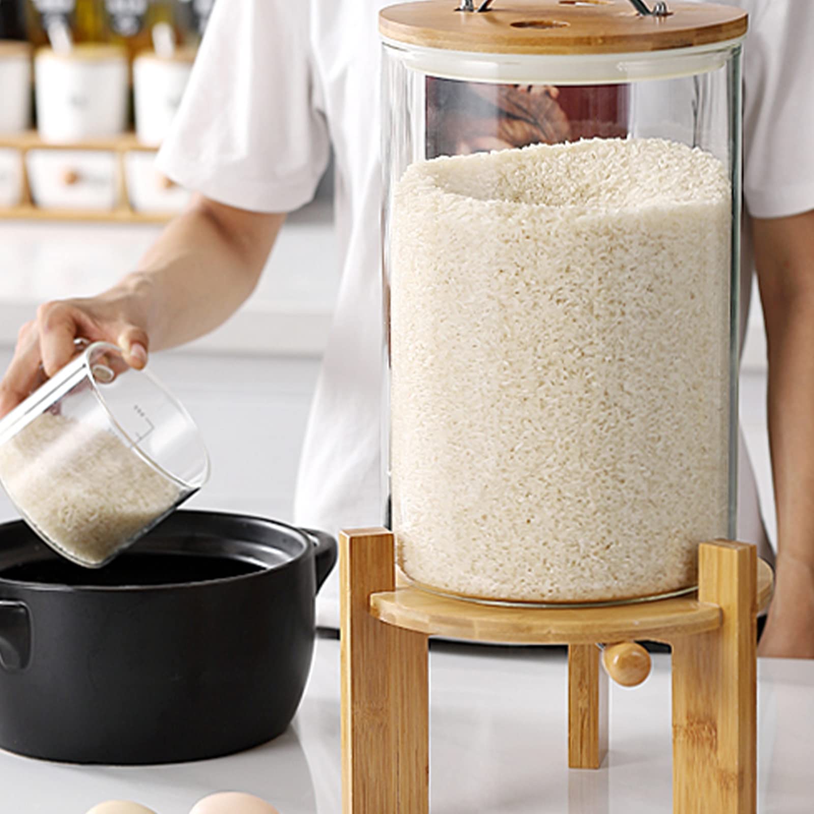 BPA-Free 5L Glass Food Storage Containers with Bamboo Lids - Airtight Cereal, Rice, Flour & Grain Dispenser with Measuring Cup - Perfect for Kitchen Pantry Organization & Bulk Food Storage