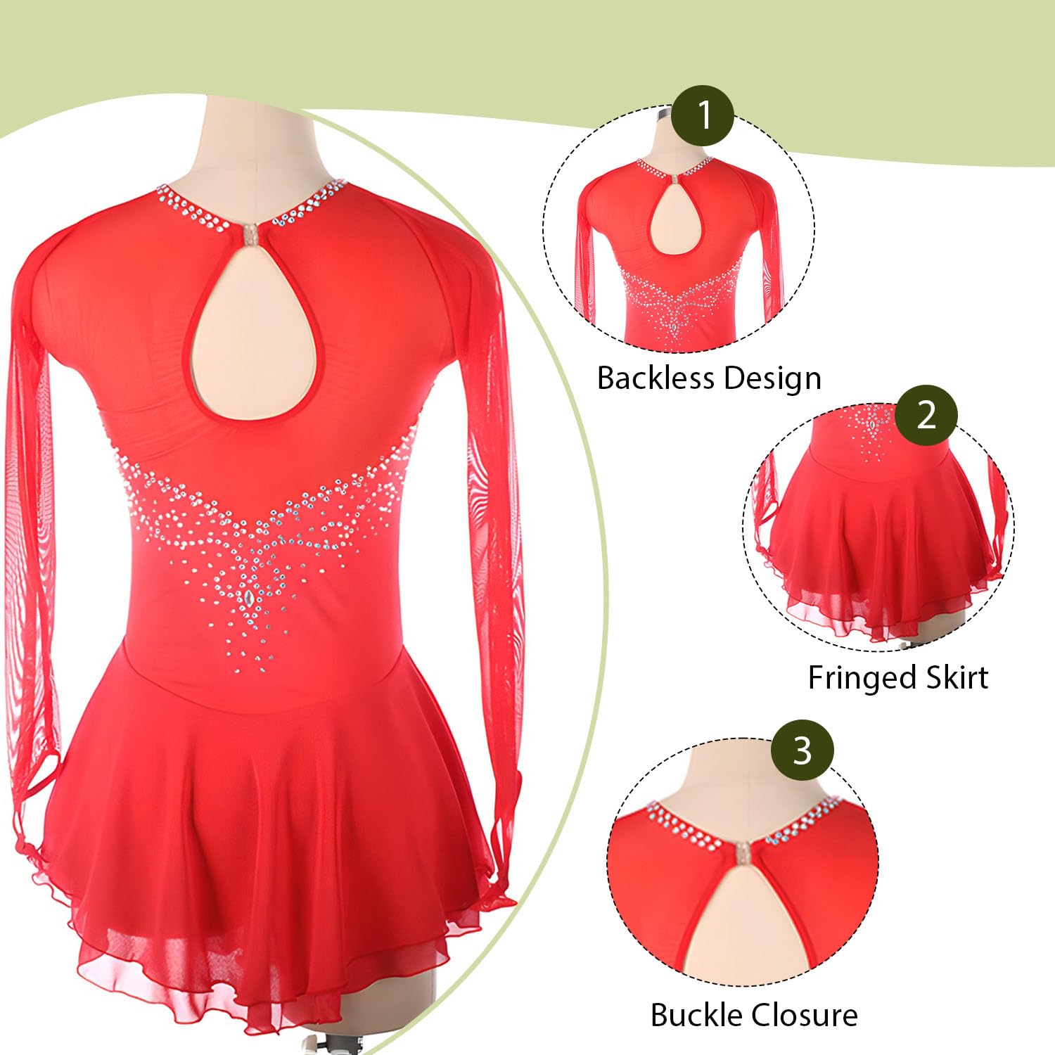 Elegant Figure Skating Dress with Mesh Long Sleeves & Stand-Up Collar | Shiny Rhinestone Ice Skating Outfit for Women | Navy Blue Performance Costume | Perfect for Competitions, Shows & Ice Dancing