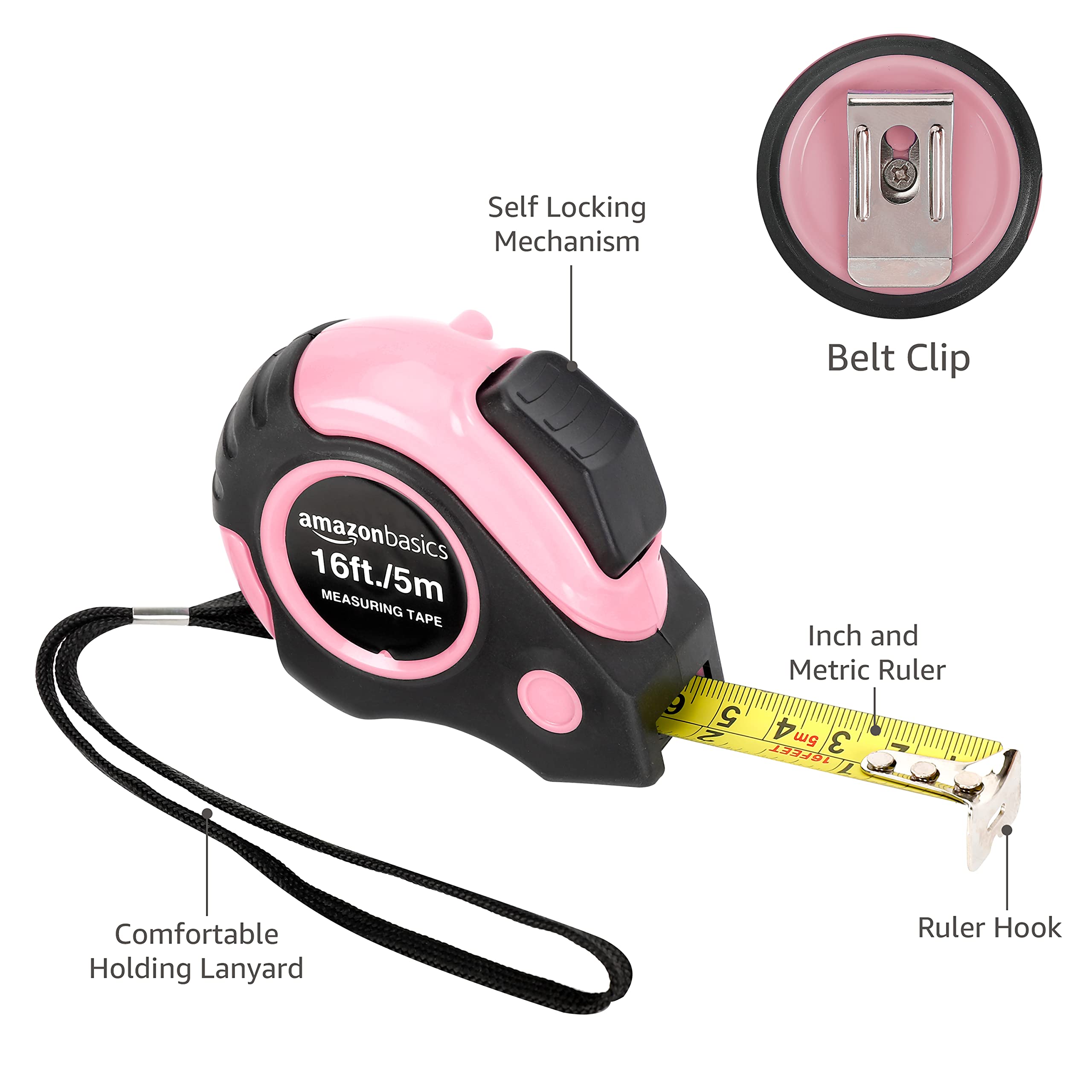 Amazon Basics 16-Foot Pink Tape Measure - Retractable, Durable & Easy to Read - Perfect for DIY Projects, Home Improvement & Crafting