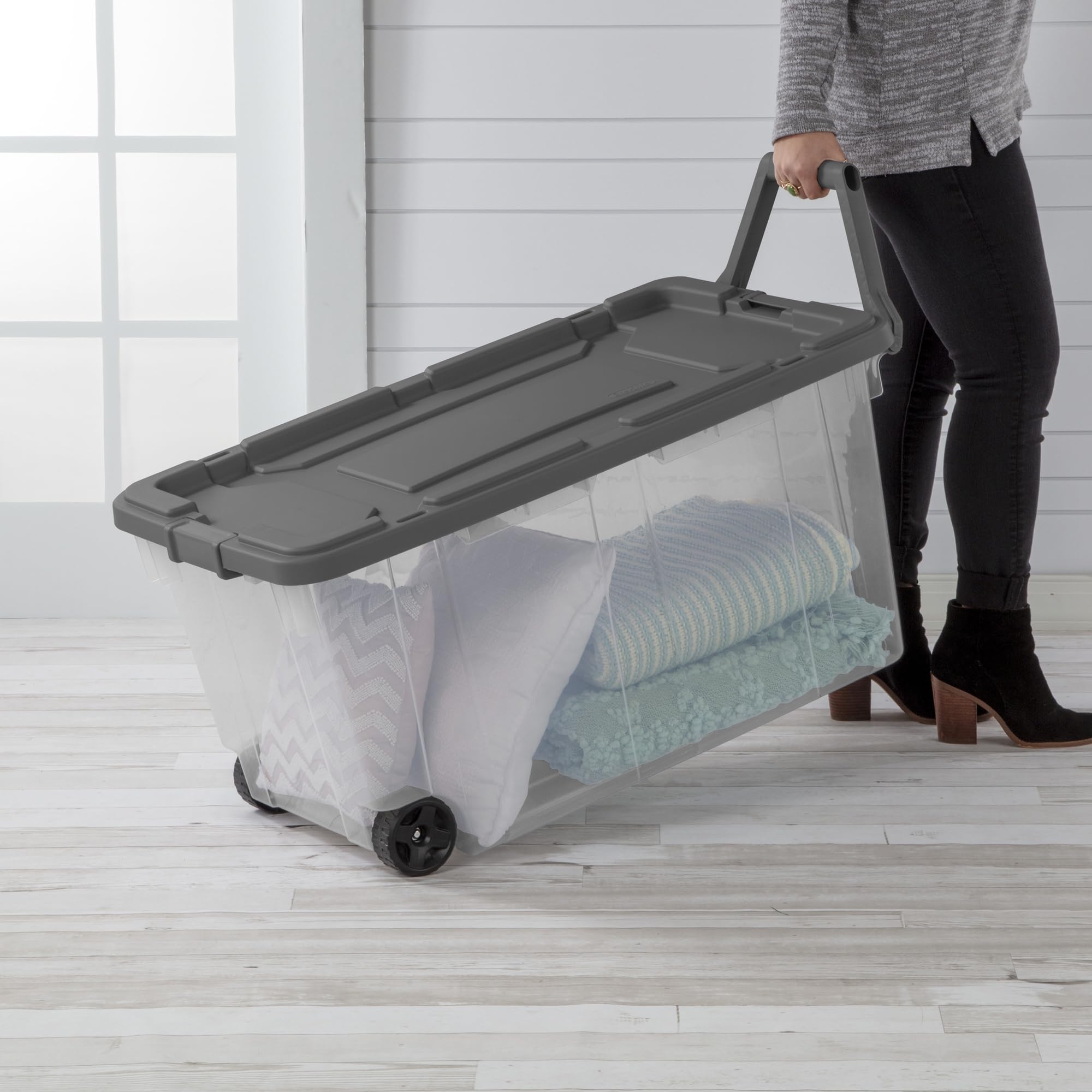 Sterilite 8-Pack 160 Qt Stackable Storage Bins with Latching Lids & Wheels, Gray - Perfect for Home Organization, Garage Storage & Moving Supplies