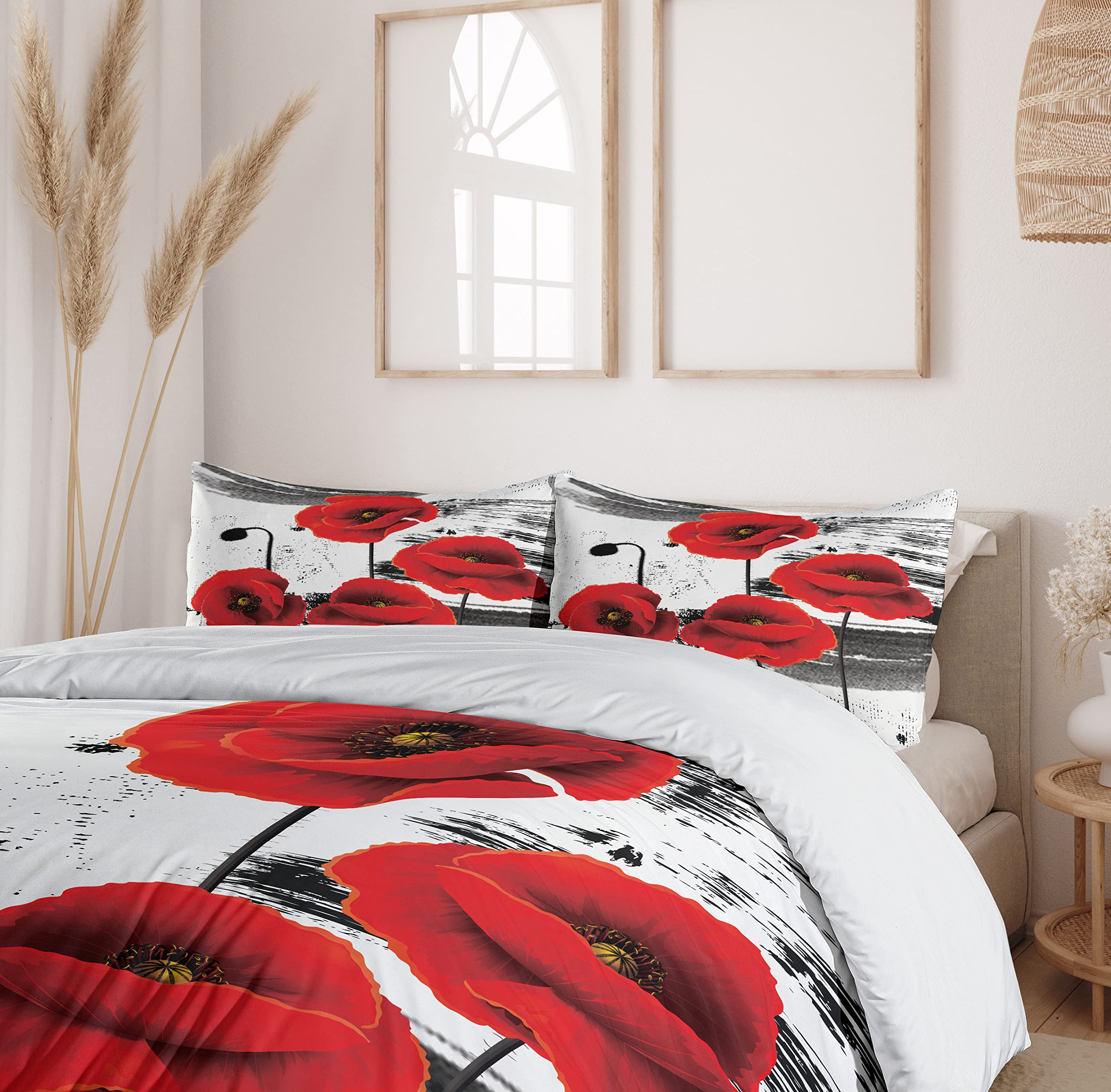 Ambesonne Poppy Flower Duvet Cover Set - 3 Piece California King Bedding with 2 Pillow Shams, Blossom Composition & Grunge Brush Design in Vermilion Grey - Perfect for Bohemian & Farmhouse Bedroom Decor