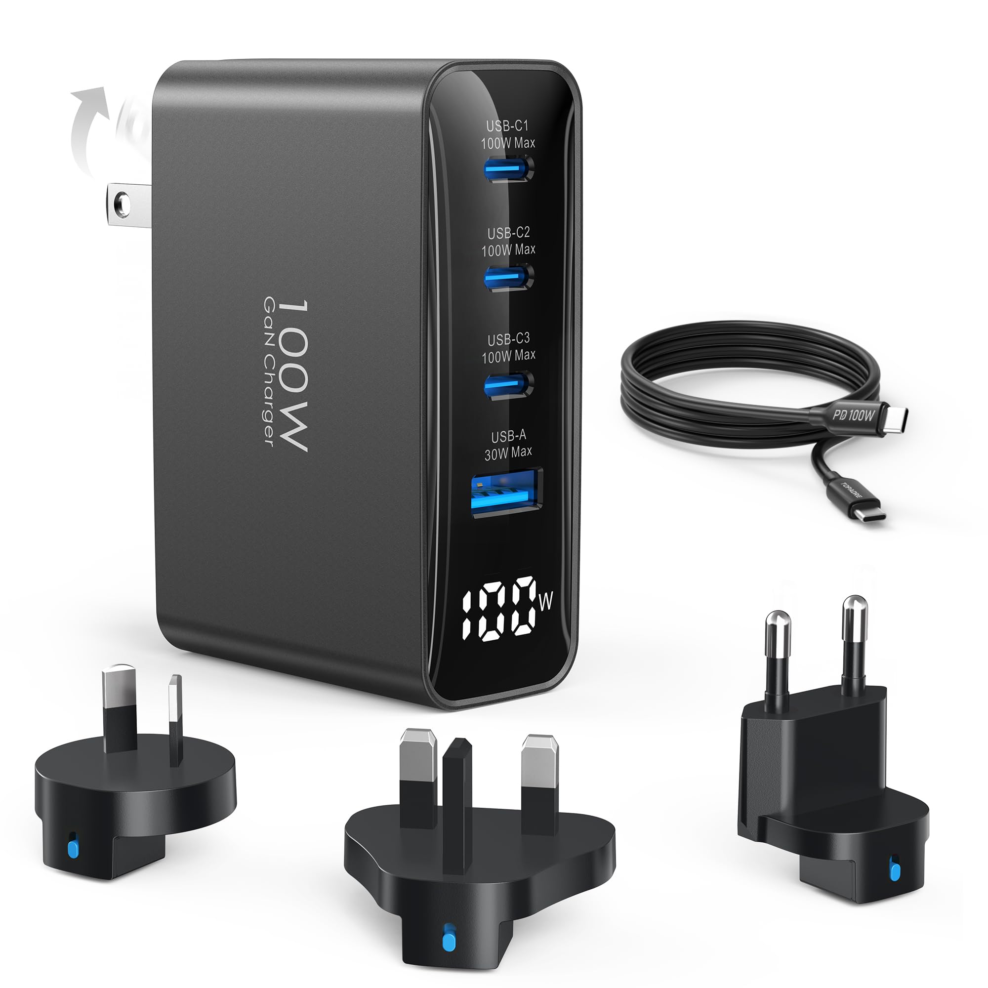 Topadre 100W USB C Fast Travel Charger with 4-Ports & Foldable Design - Universal UK/EU/AU Plug Adapter for MacBook Pro/Air, iPad Pro/Air, iPhone 15/14 Pro Max, Samsung Galaxy - Perfect for Business Travel & International Trips