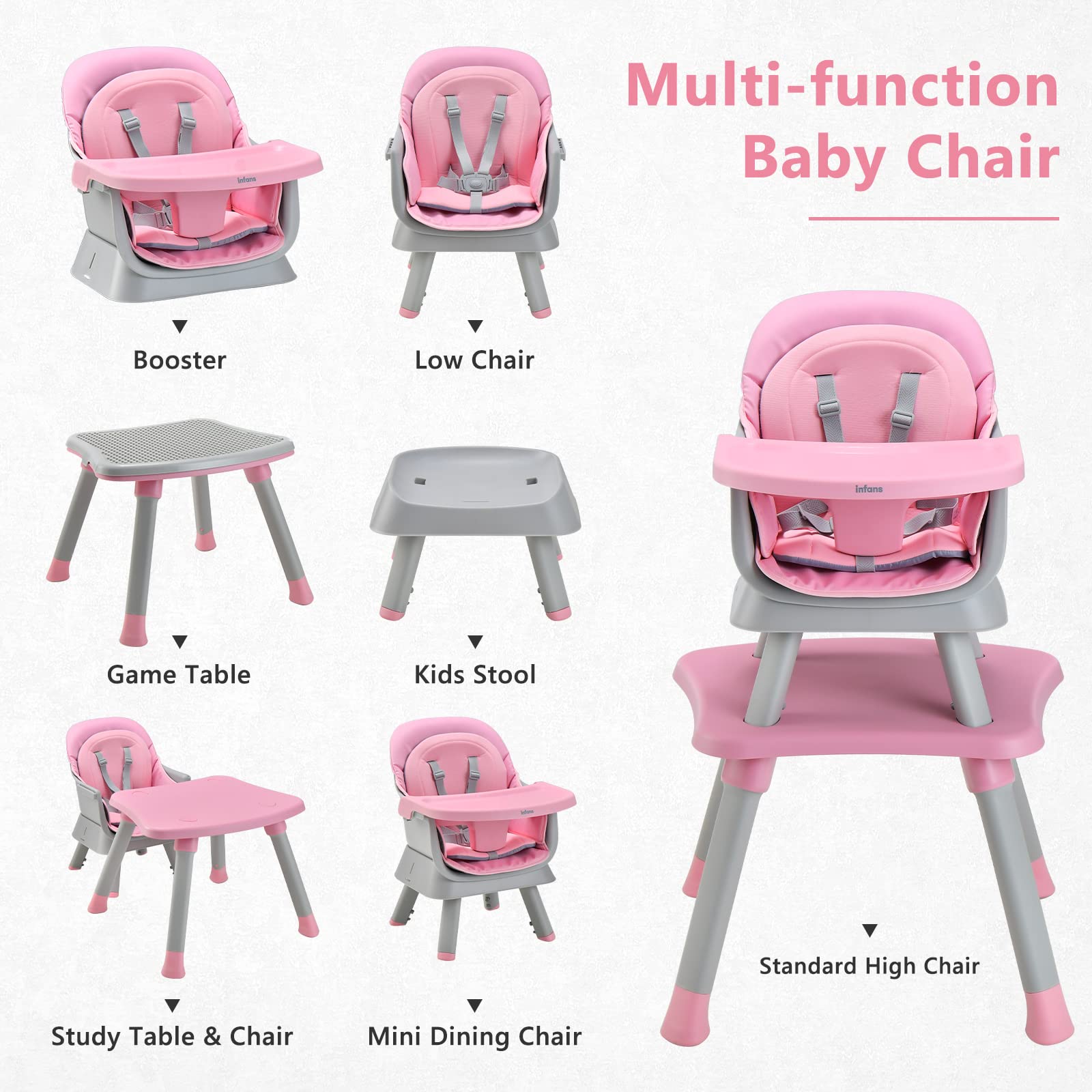 INFANS 8-in-1 Convertible Baby High Chair - Adjustable Toddler Booster Seat with Removable Tray, Building Block Table & Kids Stool - Perfect for Dining, Playtime & Learning Activities at Home