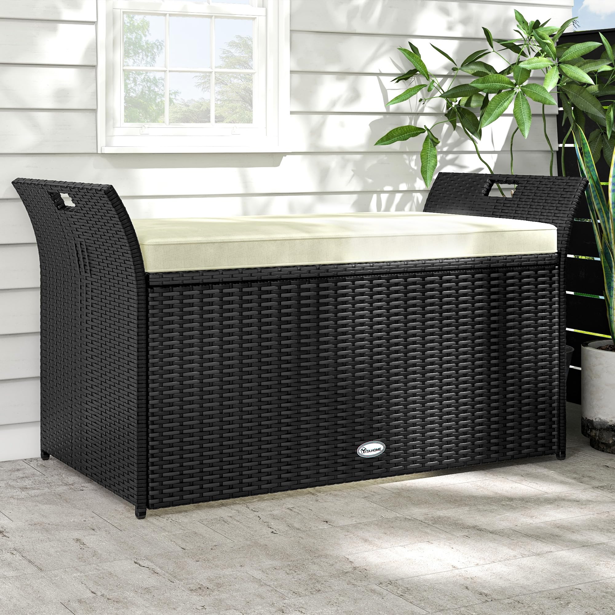 YITAHOME 90 Gallon Outdoor Wicker Storage Bench with Cushion - Large PE Rattan Deck Box with Handles & Hydraulic Lid - Perfect for Patio Furniture Storage, Garden Tools, Pool & Sports Equipment (Black & Beige) | Weatherproof Outdoor Storage Solution for Backyard, Deck & Poolside Organization