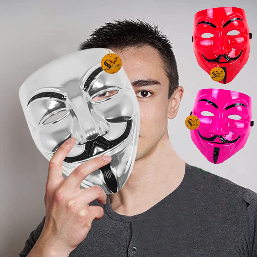 V for Vendetta Anonymous VIP Edition Face Mask - Sage Square Pink, Red & Silver Fawkes Mask Set of 3 | Perfect Fit Cosplay & Halloween Costume Accessory | Protest, Themed Parties & Movie Events