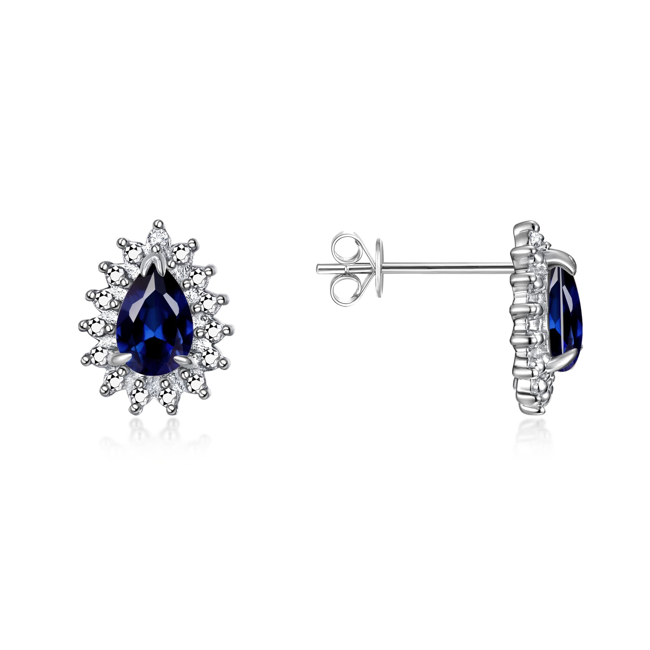 RYLOS Sterling Silver Halo Stud Earrings - 6X4MM Pear Shape Gemstone & Diamond Accents - Elegant Birthstone Jewelry for Women - Perfect Gift for Anniversary, Birthday & Special Occasions