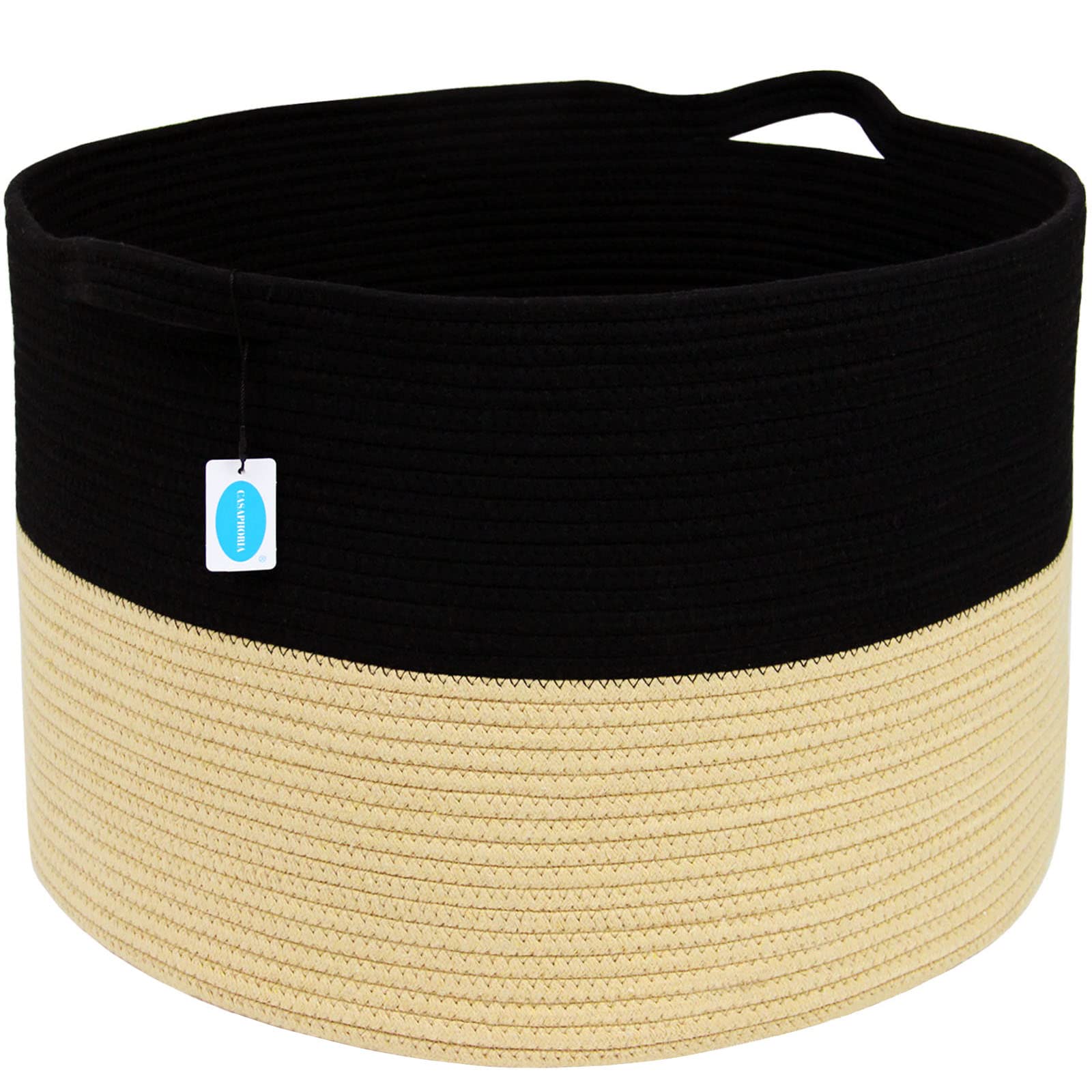 Casaphoria XXXLarge Woven Cotton Rope Basket - 21.7x21.7x13.8 Inch Laundry Hamper, Blanket Storage Bin with Handles for Comforters, Cushions & Clothes | Perfect for Bedroom, Nursery & Bathroom Organization | Black & Brown