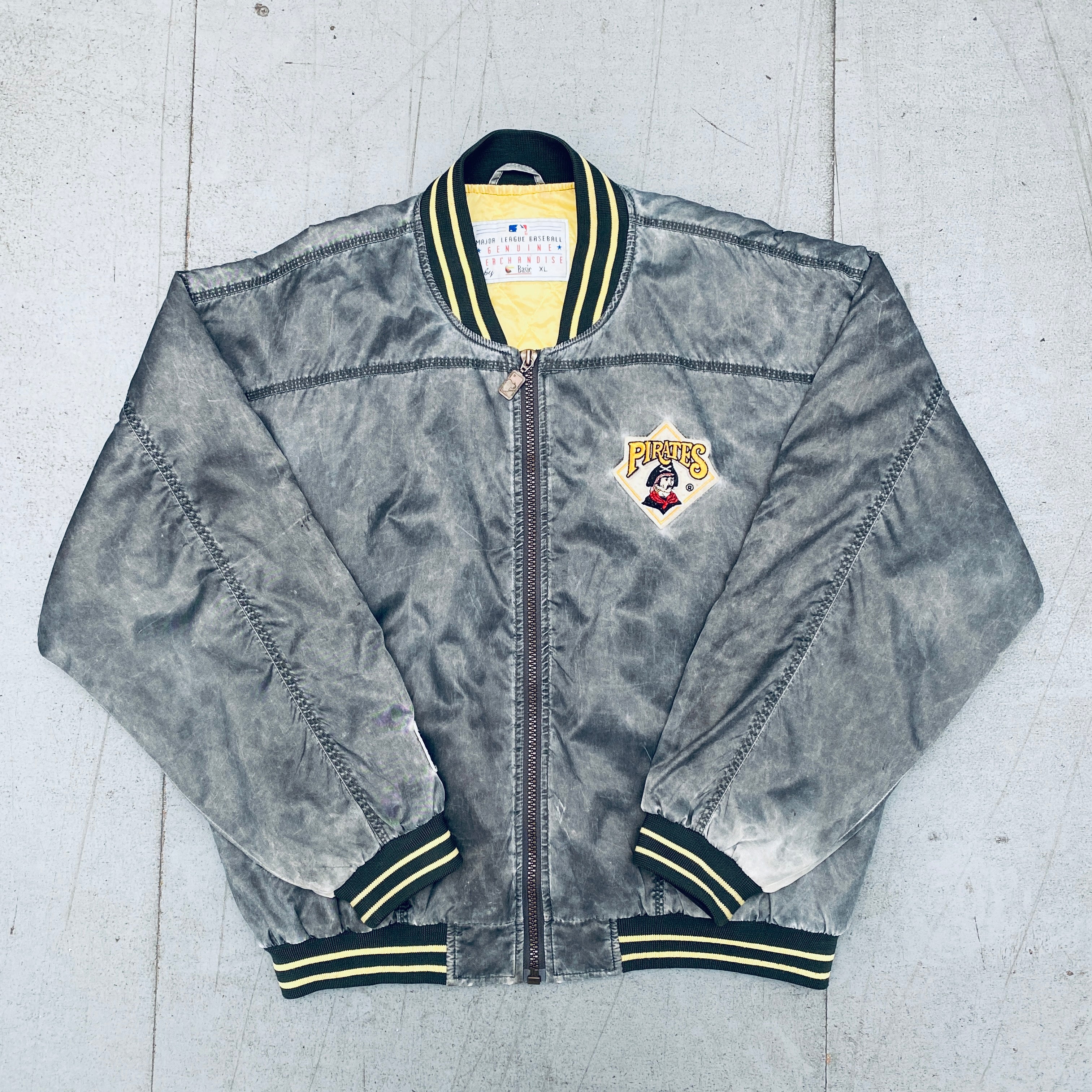Pittsburgh Pirates 1990s Vintage Reverse Embroidered Spellout Stone Wash Full Zip Bomber Jacket - XL Size | Retro Baseball Fan Gift & Game Day Outfit