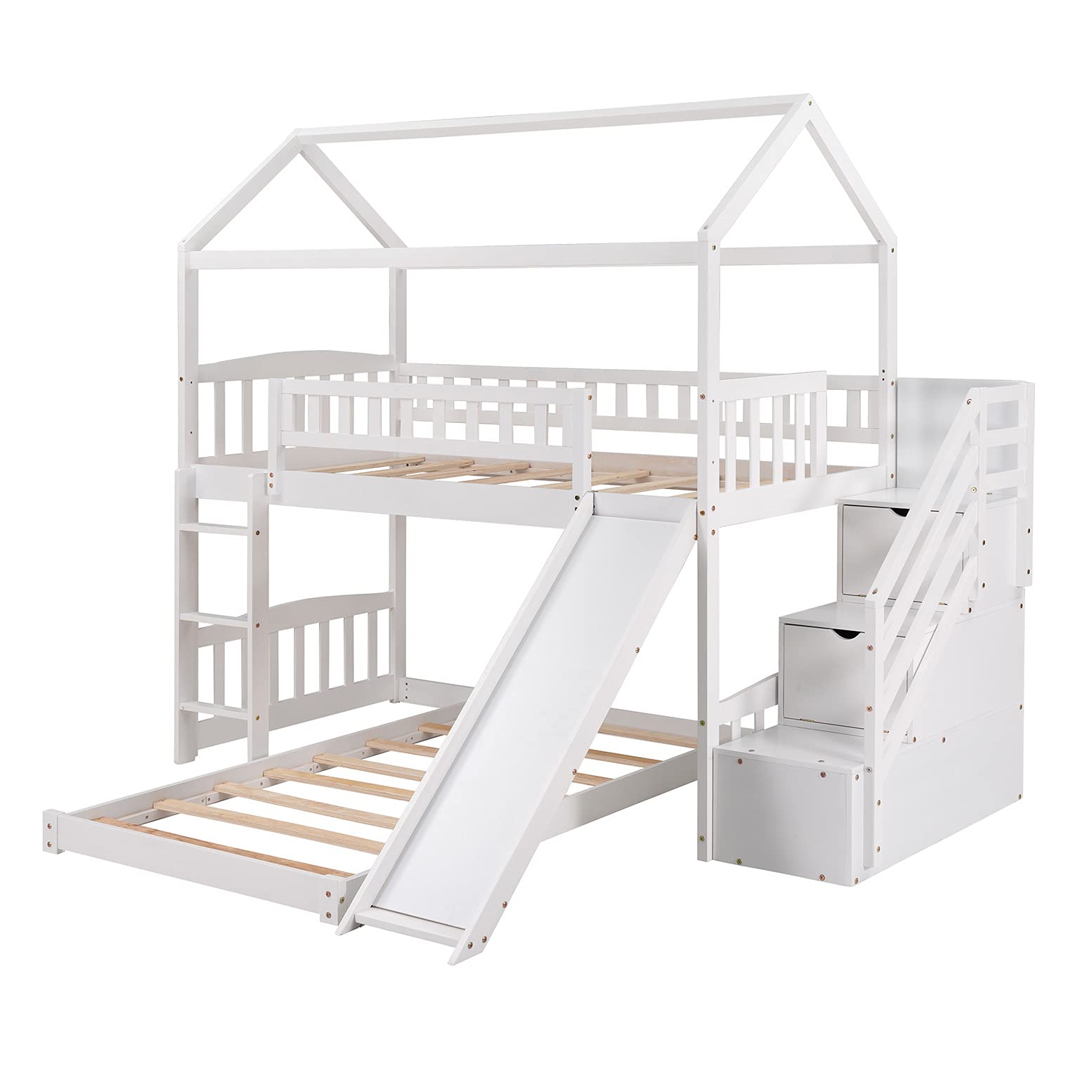 Solid Wood Twin Over Twin Bunk Bed with Slide - Kids House-Shaped Loft Bed Frame with 2 Drawer Stairs & Ladder for Boys, Girls, Teens - No Box Spring Needed (White) - Perfect for Small Bedrooms, Shared Kids Rooms & Play Areas
