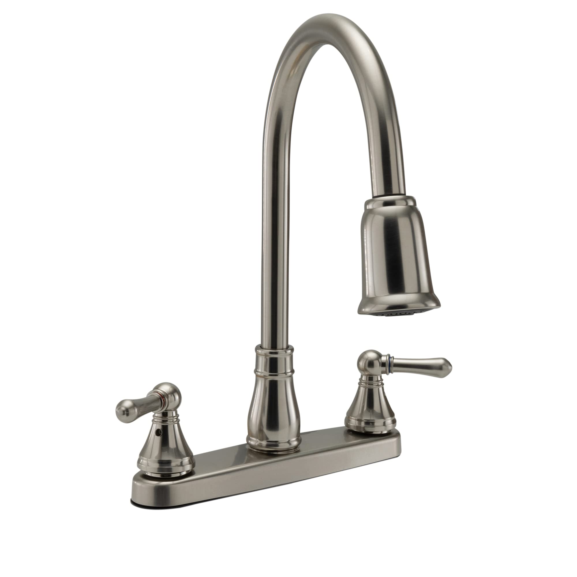 RecPro RV Kitchen Faucet with Pull Down Sprayer - Brushed Nickel Two Handle RV Sink Faucet | Durable Water-Saving Design for Campers, Trailers & Motorhomes | Easy Install RV Kitchen Upgrade
