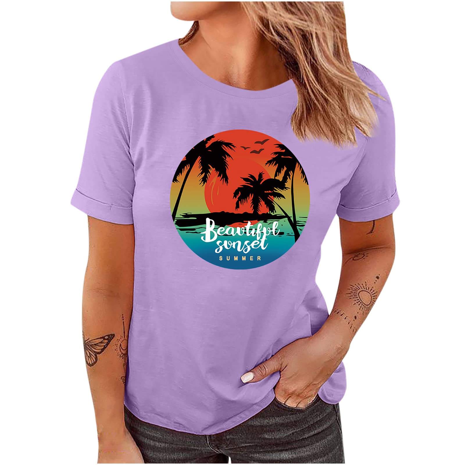 Trendy Women's Sunset Print Short Sleeve T-Shirt - Summer Casual Crewneck Graphic Tee for Beach, Vacation & Everyday Wear