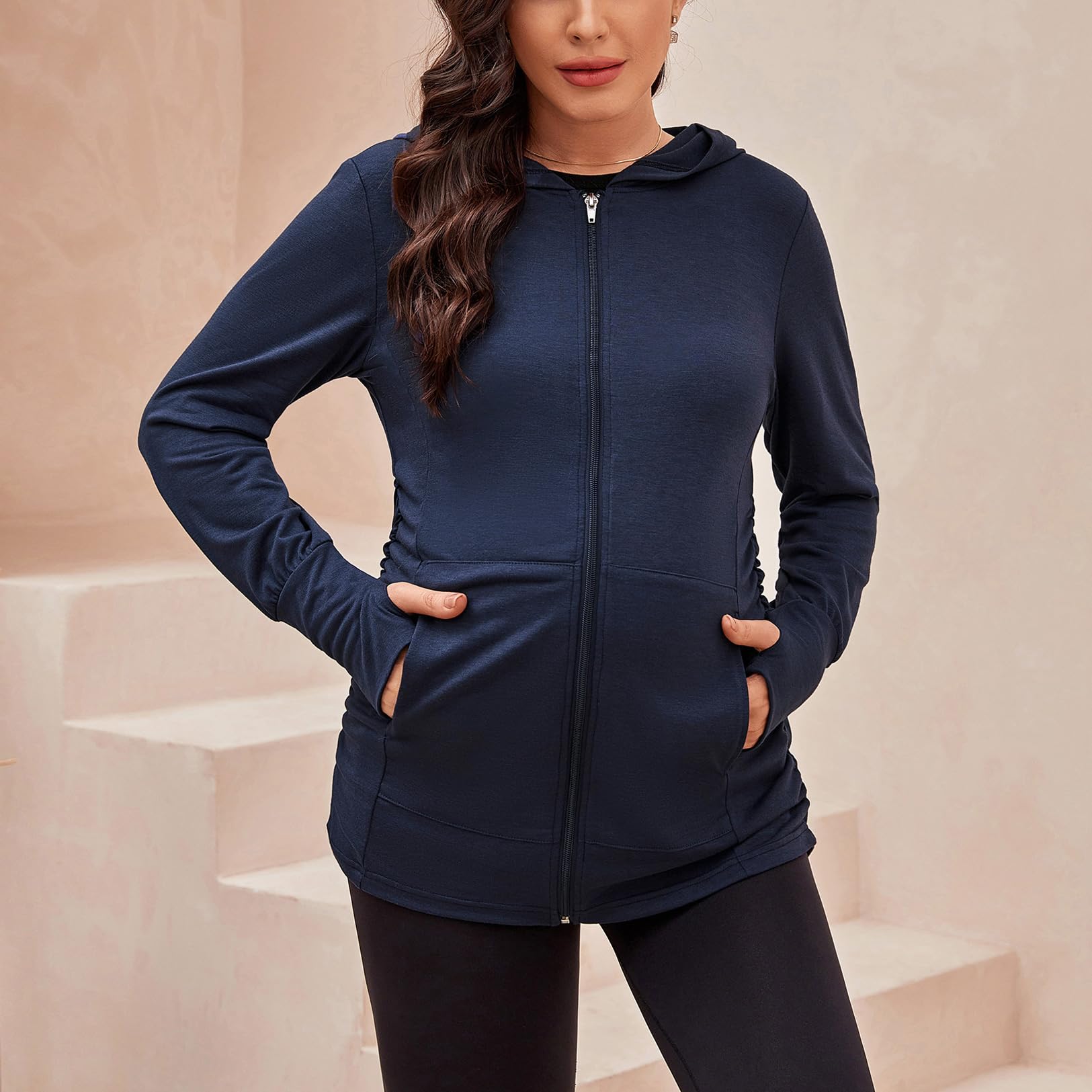 DEBELLY Maternity Hoodie - Women's Full Zip Long Sleeve Pregnancy Sweatshirt with Pockets & Thumb Holes | Comfortable Side Ruching for Bump Support | Perfect for Casual Wear, Nursing & Maternity Photos