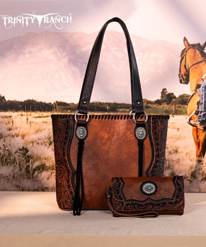 Trinity Ranch Floral Tooled Concealed Carry Tote Bag Set - Stylish Leather Purse with Hidden Gun Compartment for Women | Perfect for Everyday Carry, Travel & Outdoor Adventures