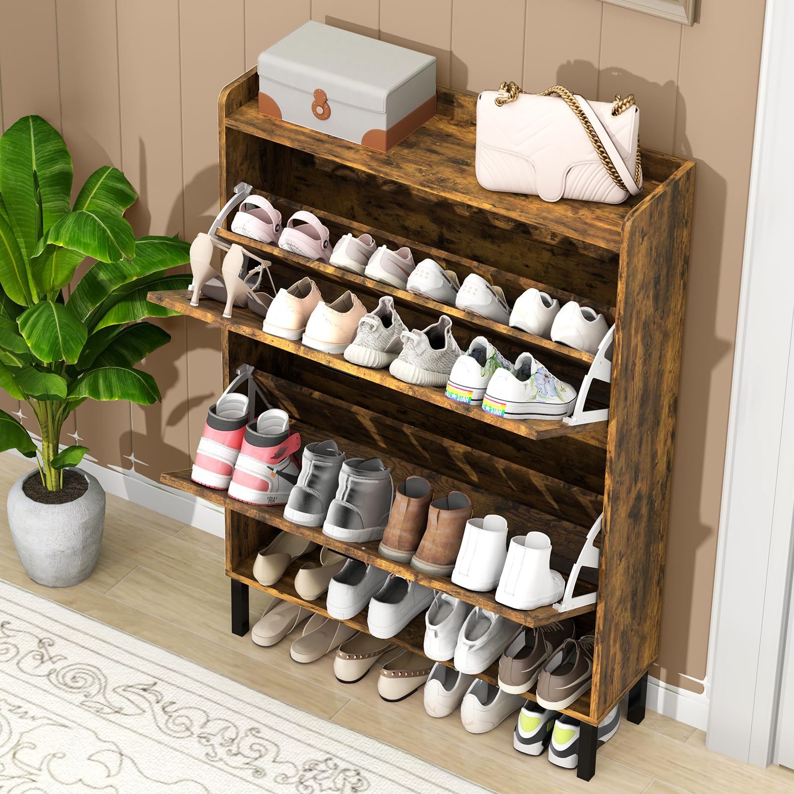 Farmhouse Wooden Shoe Cabinet with 2 Flip Drawers - Rustic Brown Entryway Storage Organizer, Freestanding Tall Narrow Shoe Rack with Metal Legs for Hallway, Living Room & Bedroom Organization