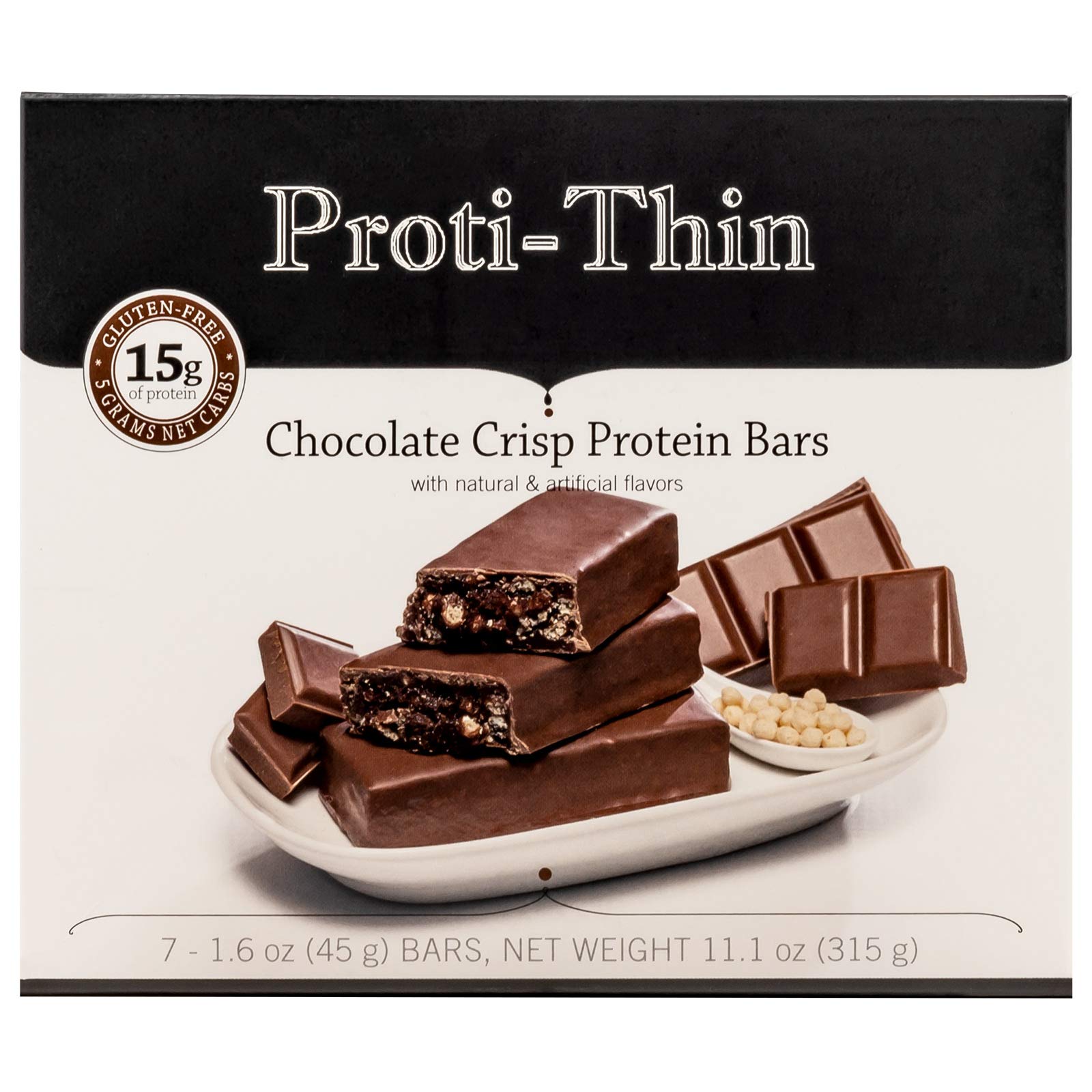 Proti-Thin Chocolate Crisp High Protein Bars - 15g Protein, Low Carb, Low Fat, Low Sugar, Gluten Free, Ideal Protein Compatible, Aspartame Free (7 Count Box) - Perfect for Weight Loss, Keto Diet & Post-Workout Recovery