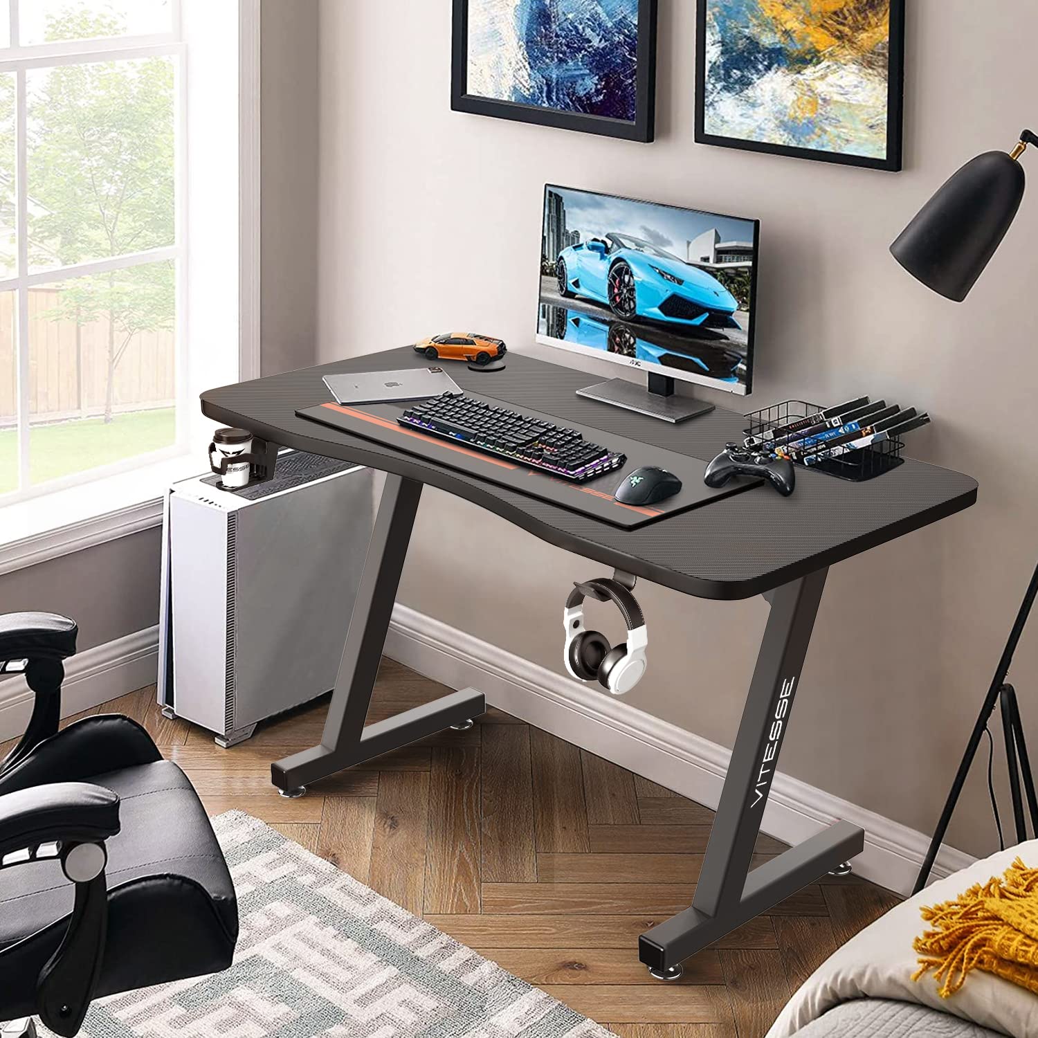 VITESSE Ergonomic Gaming Desk - Z Shaped Office PC Computer Desk with Full Desk Mouse Pad, Charging Gaming Handle Rack, Cup Holder & Headphone Hook - Perfect for Gamers, Streamers & Home Office Setup