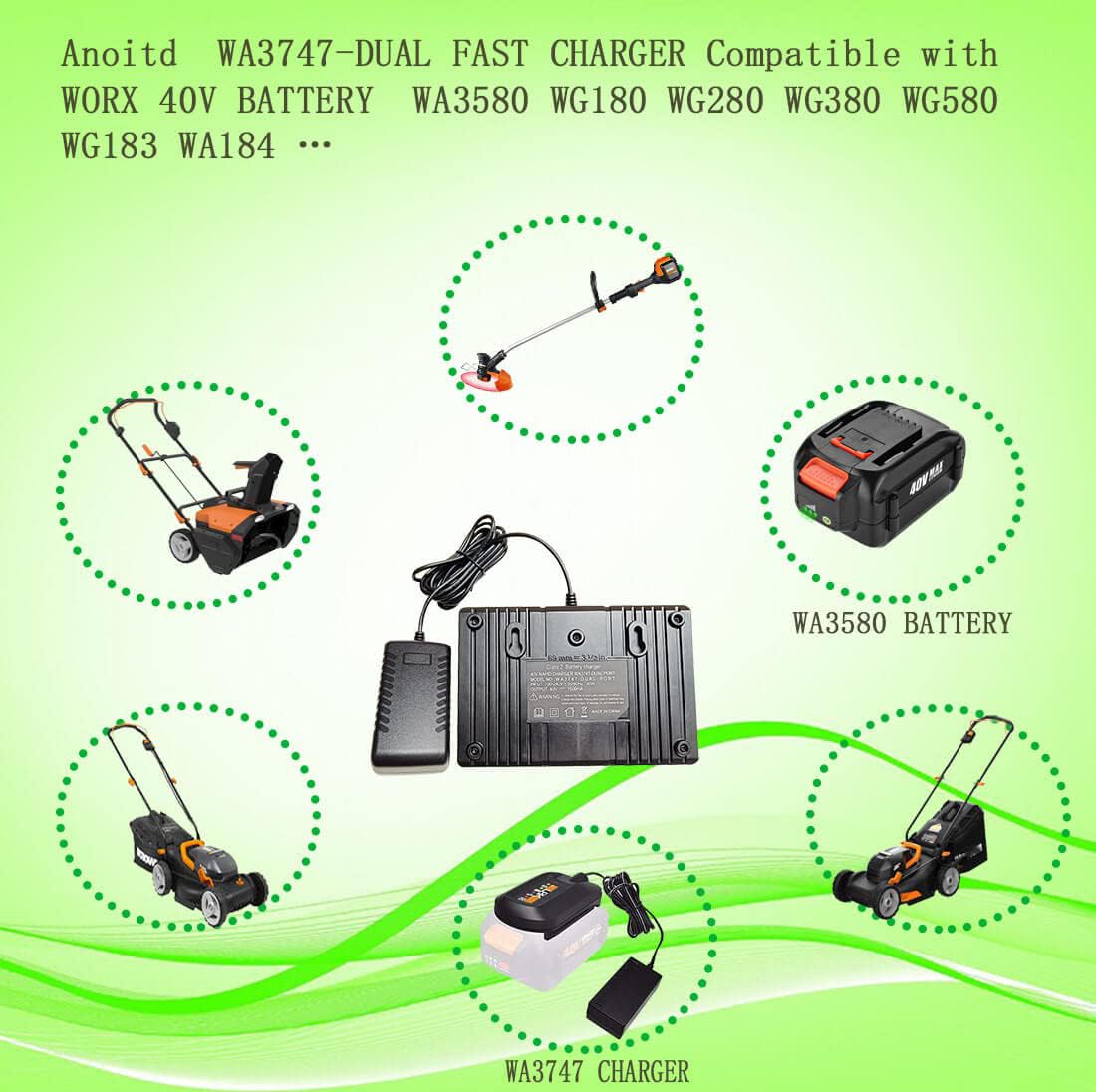 WA3747 Dual Fast Charger Replacement for Worx WA3747 40V Portable Charger - Compatible with Worx 40V Battery WA3580 WG180 WG580 WG280 WG380 - Fast Charging for Power Tools & Lithium Batteries - Perfect for Home DIY, Construction & Outdoor Projects