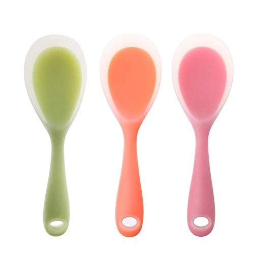 Non-Stick Silicone Rice & Soup Ladle Spoon - Heat Resistant Kitchen Utensil for Cooking, Serving (22.3 x 6.8cm) - Perfect for Asian Cuisine, Hot Pots & Family Dining (Green/Pink)