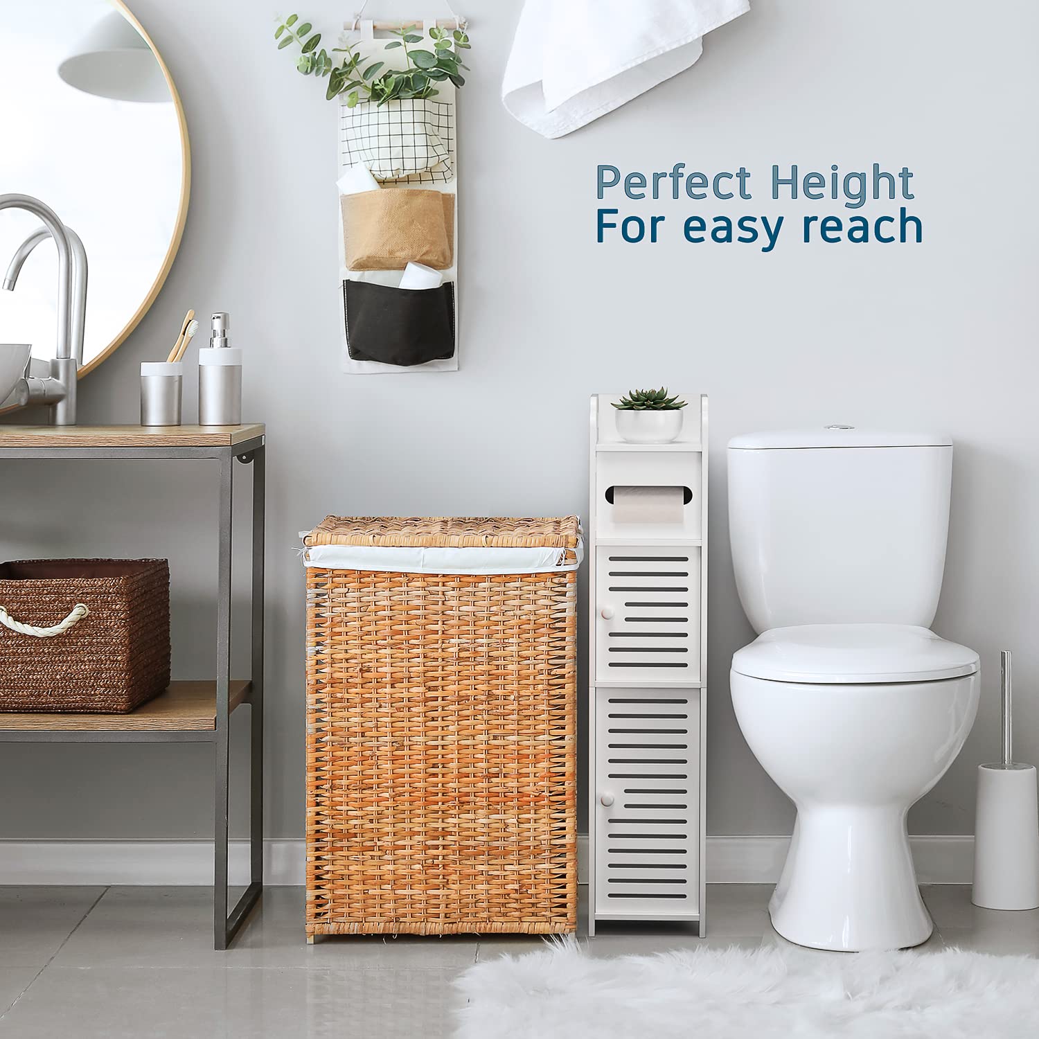 Nestl Small Bathroom Storage Cabinet with 2 Doors & 3 Shelves - White Corner Floor Organizer for Towels, Toilet Paper & Bath Essentials - Space-Saving Narrow Design for Apartments, Powder Rooms & Small Bathrooms