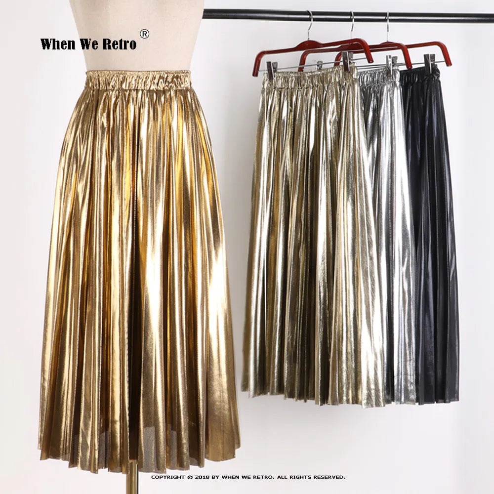 Elegant High Waist Pleated Midi Skirt for Women - Black, Silver & Gold Solid Colors | Perfect for Office, Party & Casual Wear