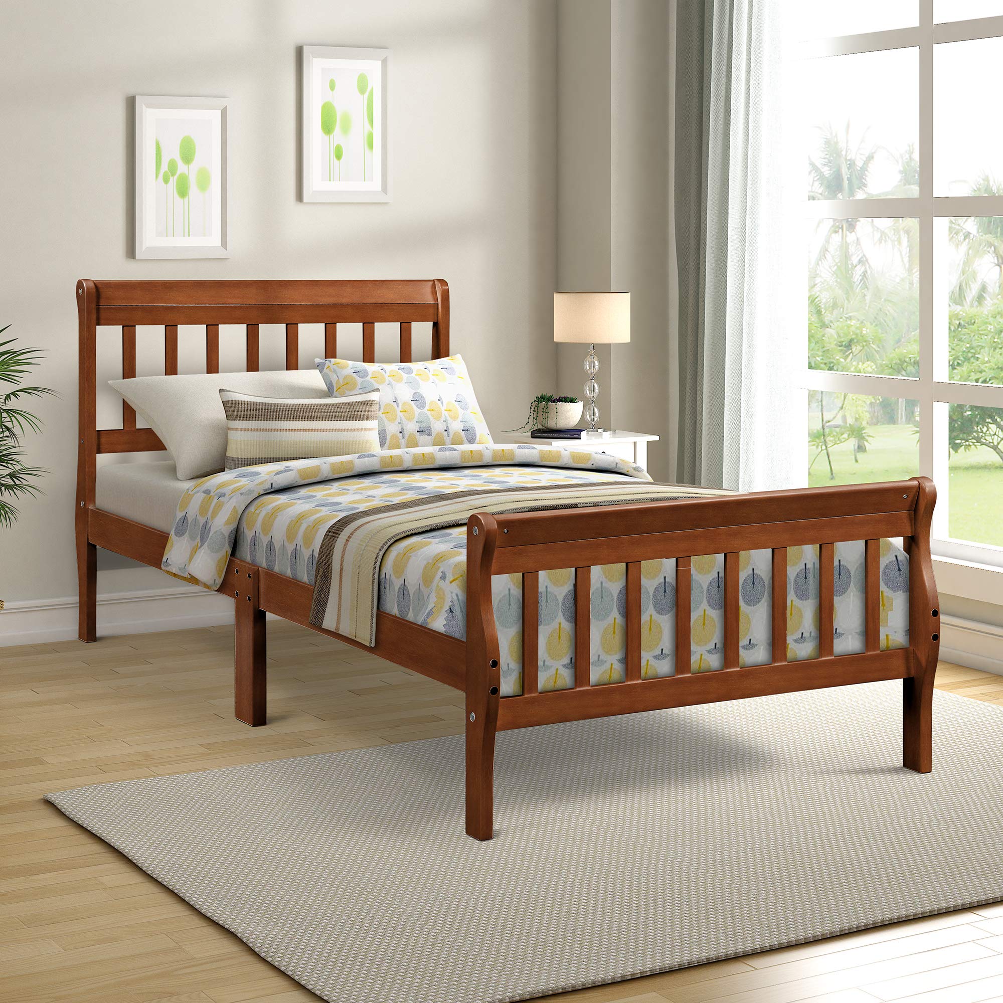Merax Twin Size Wooden Platform Bed Frame with Headboard & Footboard - Solid Oak Sleigh Design, Sturdy Wood Slat Support - Perfect for Kids Rooms, Guest Bedrooms & Small Spaces