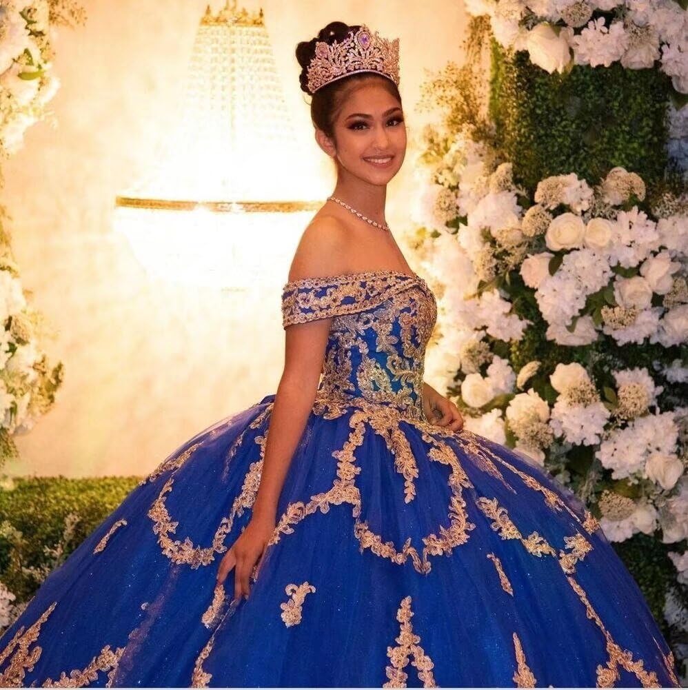 2025 Gold Applique Beaded Quinceañera Dress | Off-Shoulder Puffy Ball Gown for Sweet 16 & Quinceañera Celebrations | Perfect for Birthday Parties, Debut Balls, and Formal Dances