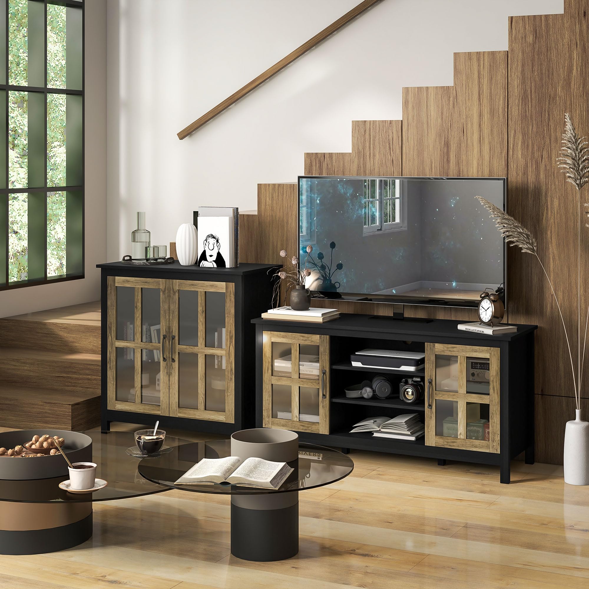 HOMCOM Sideboard Buffet Cabinet with Glass Doors - Kitchen Storage Cabinet, Entryway Accent Furniture with Adjustable Shelves for Living Room - Black Wood Grain Finish | Perfect for Dining Room Storage, Hallway Decor & Home Organization