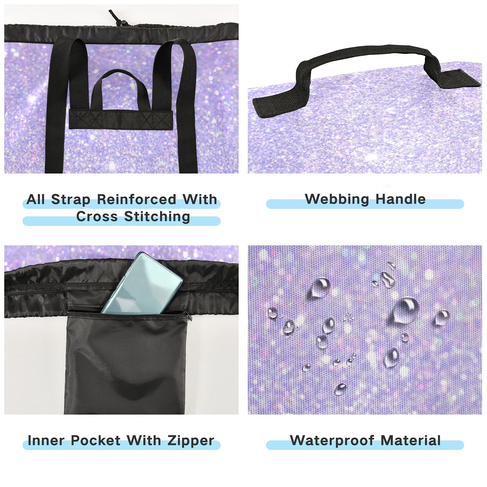 Shiny Glitter Lavender Laundry Backpack - Extra Large Wash Bag with Shoulder Straps for College Dorm, Apartment & Laundromat - Portable Laundry Hamper for Travel, Gym & Camping