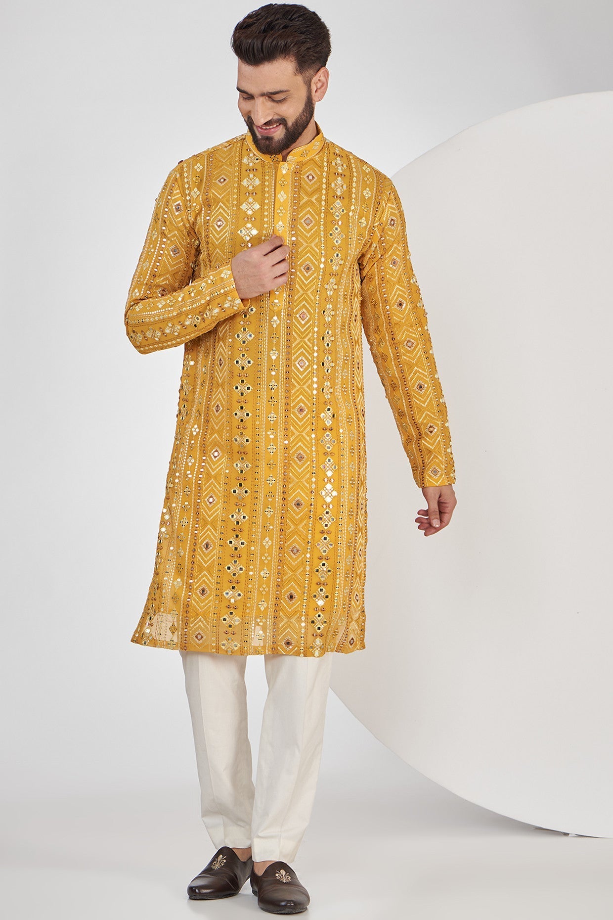 Mustard Mirror Work Kurta - Embroidered Indian Ethnic Tunic for Women | Perfect for Festivals, Weddings & Casual Wear