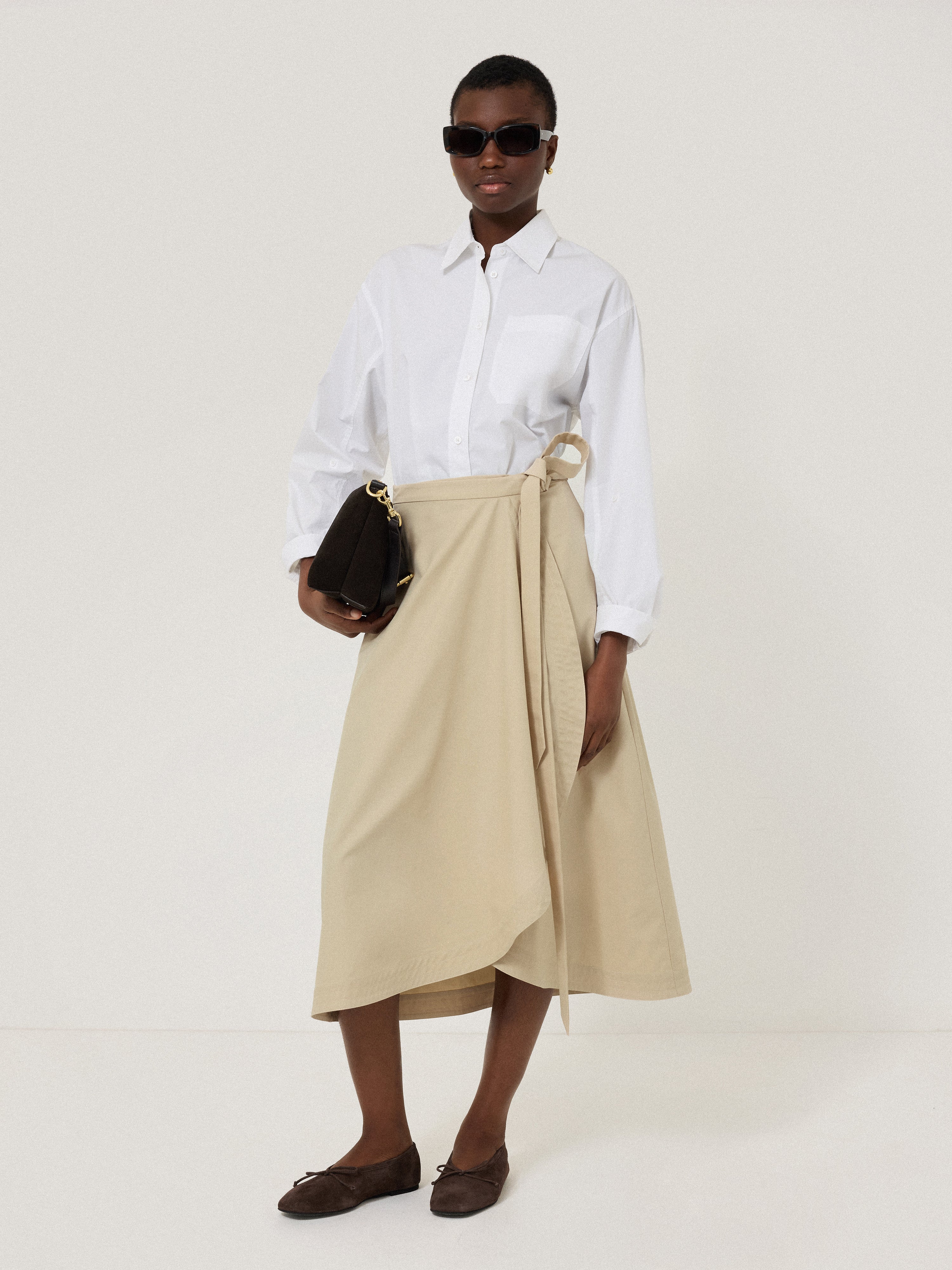 Stylish Cotton Blend Wrap Front Skirt in Neutral Tones - Perfect for Casual Outings, Office Wear & Summer Dresses