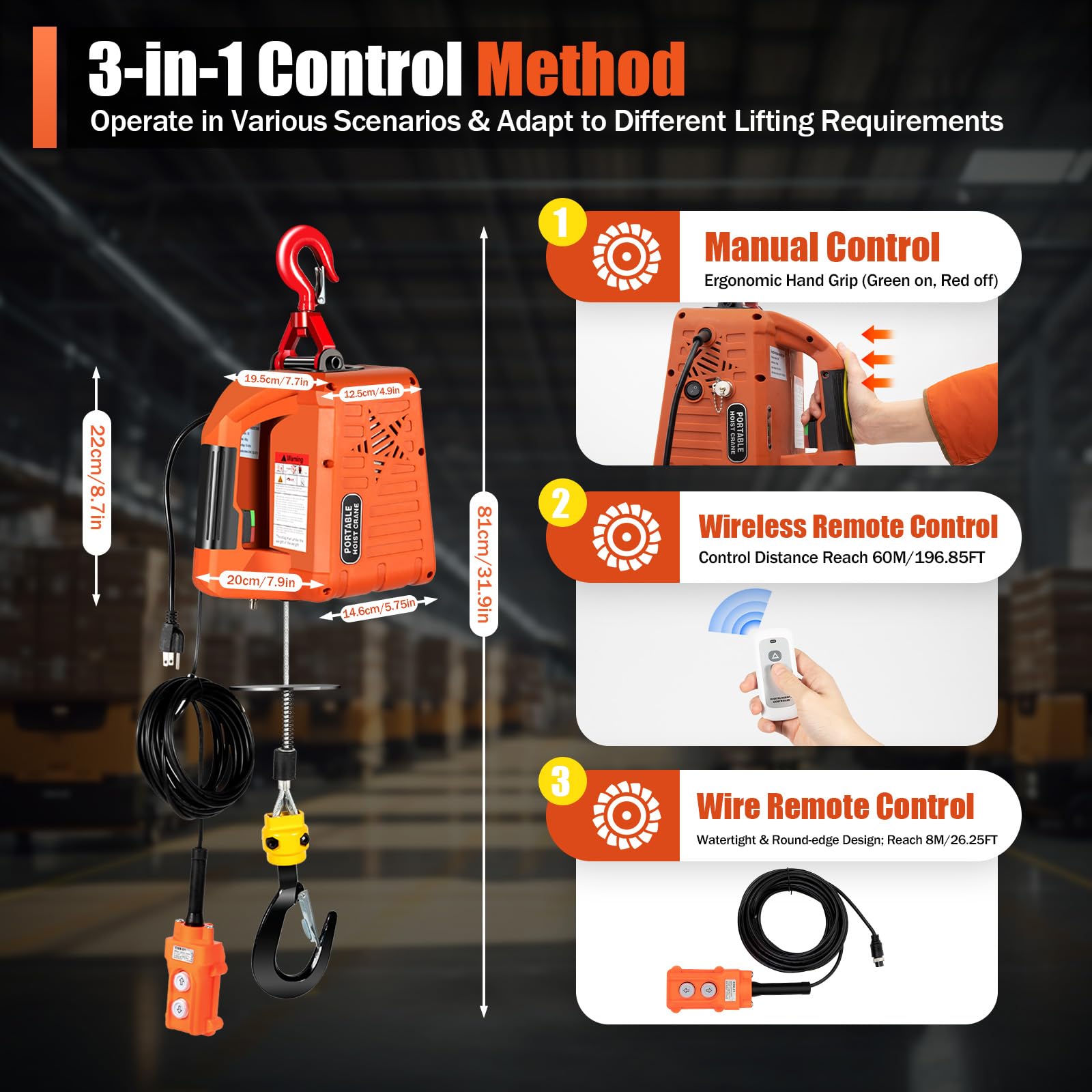 3 in 1 Electric Hoist Winch 1500W - Portable Winch with Wired/Wireless Remote Control - 110V Power Crane - 25ft Lift Height & 1100LBS Capacity - Garage, Warehouse, Construction, Auto Repair, Boat Lifting & Towing Equipment