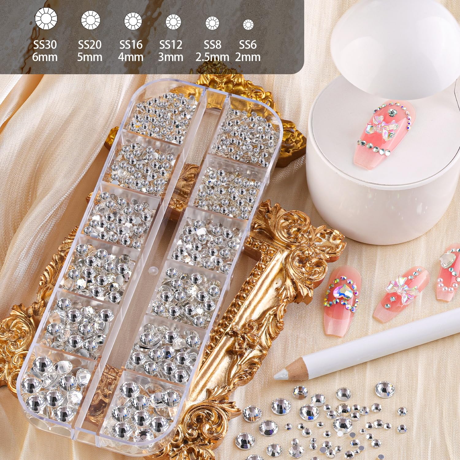 Premium Nail Rhinestones & Pearls Kit - Flatback Glass Crystals, AB & Clear Gemstones with White/Beige Half Round Pearls | Professional Manicure Set Includes Nail Rhinestone Glue Gel & Tools (UV/LED Required) | Perfect for Nail Art, Salon Designs & DIY Home Manicures