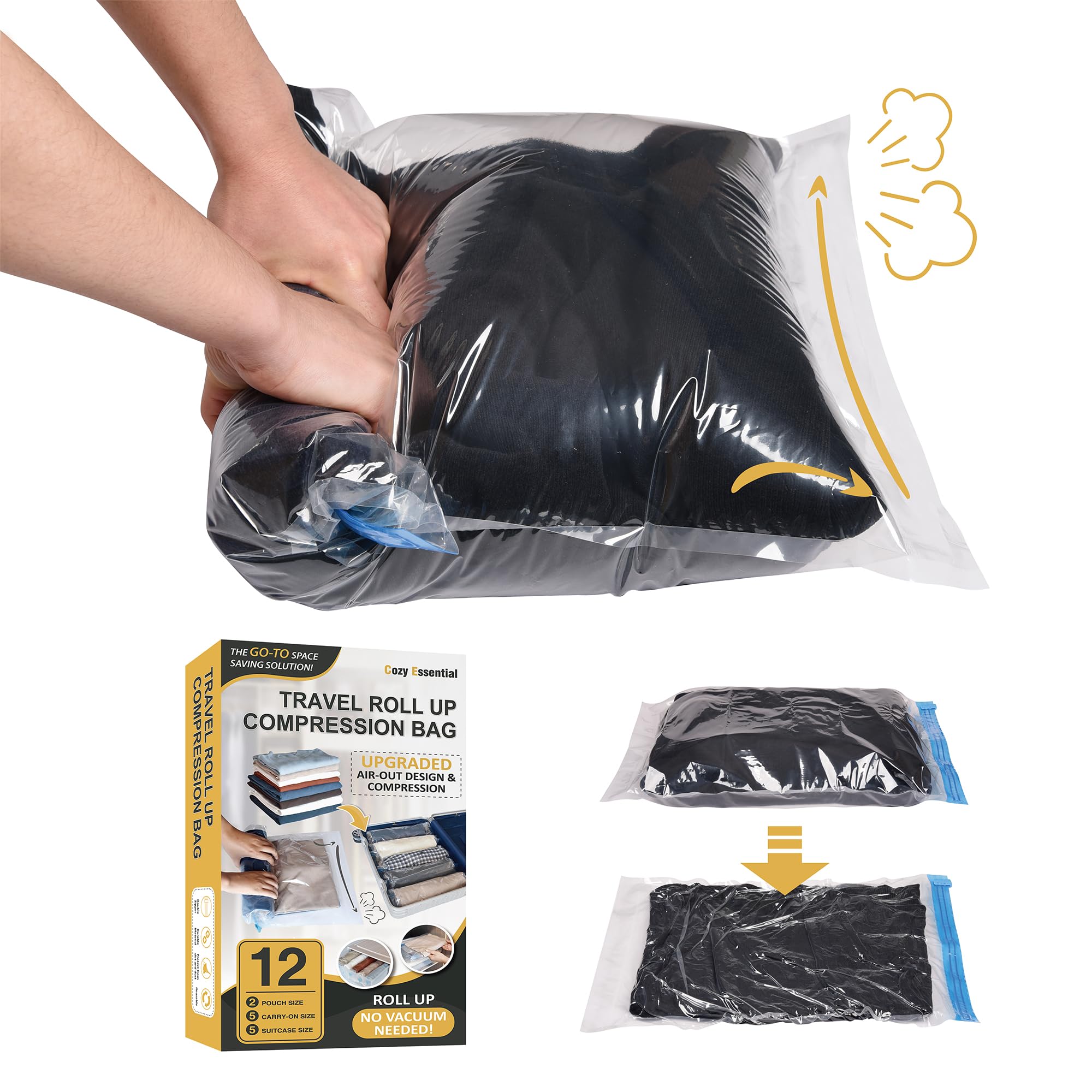 12 Pack Space Saver Compression Bags for Travel - No Vacuum Needed - Cruise & Vacation Packing Essentials | Perfect for Organizing Luggage, Clothes Storage & Maximizing Suitcase Space