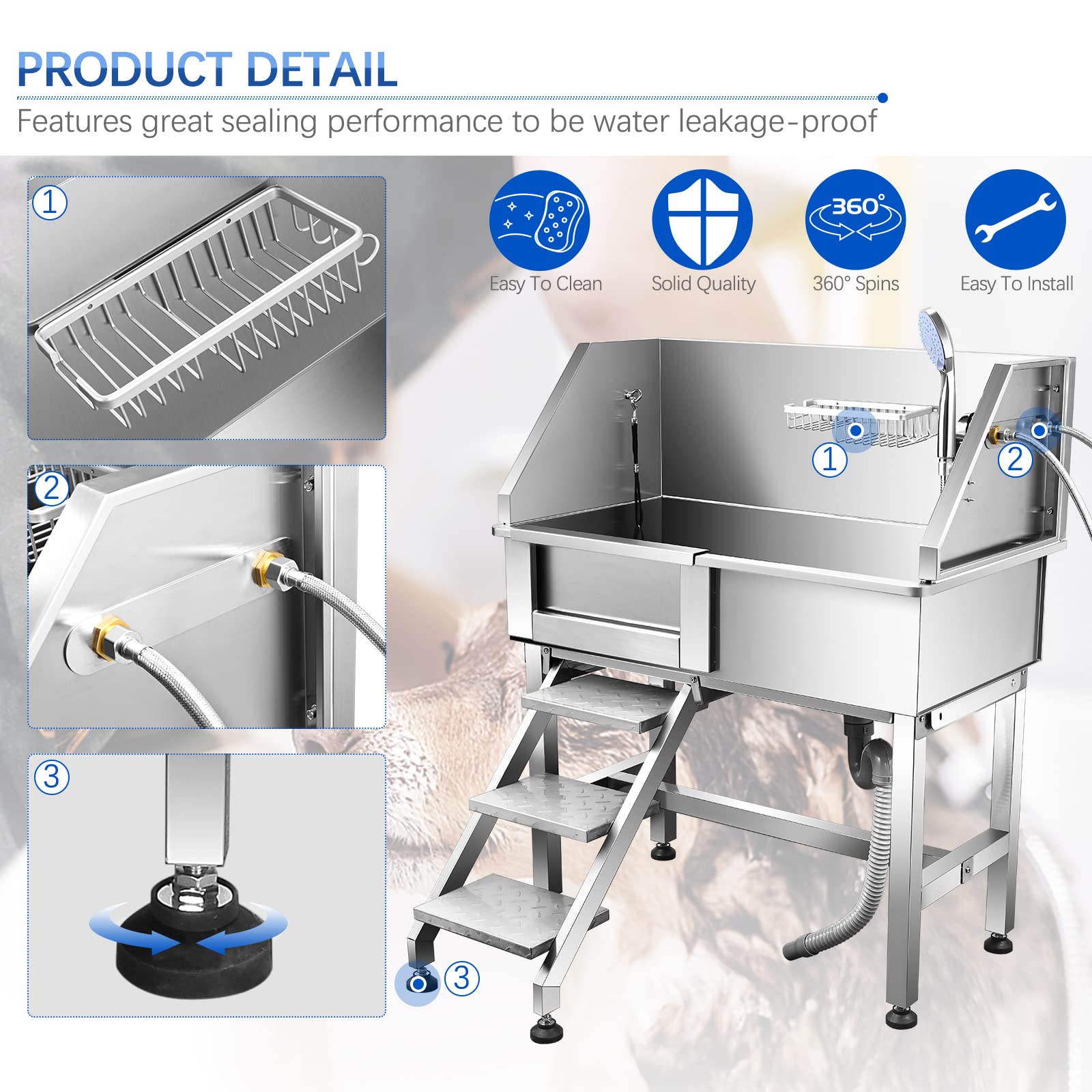 34 Inch Stainless Steel Dog Grooming Tub - Professional Pet Bathing Tub with Faucet Shower, Cleaning Pool & Sidewalk - Perfect for Small Dog Grooming Salons & Home Pet Care