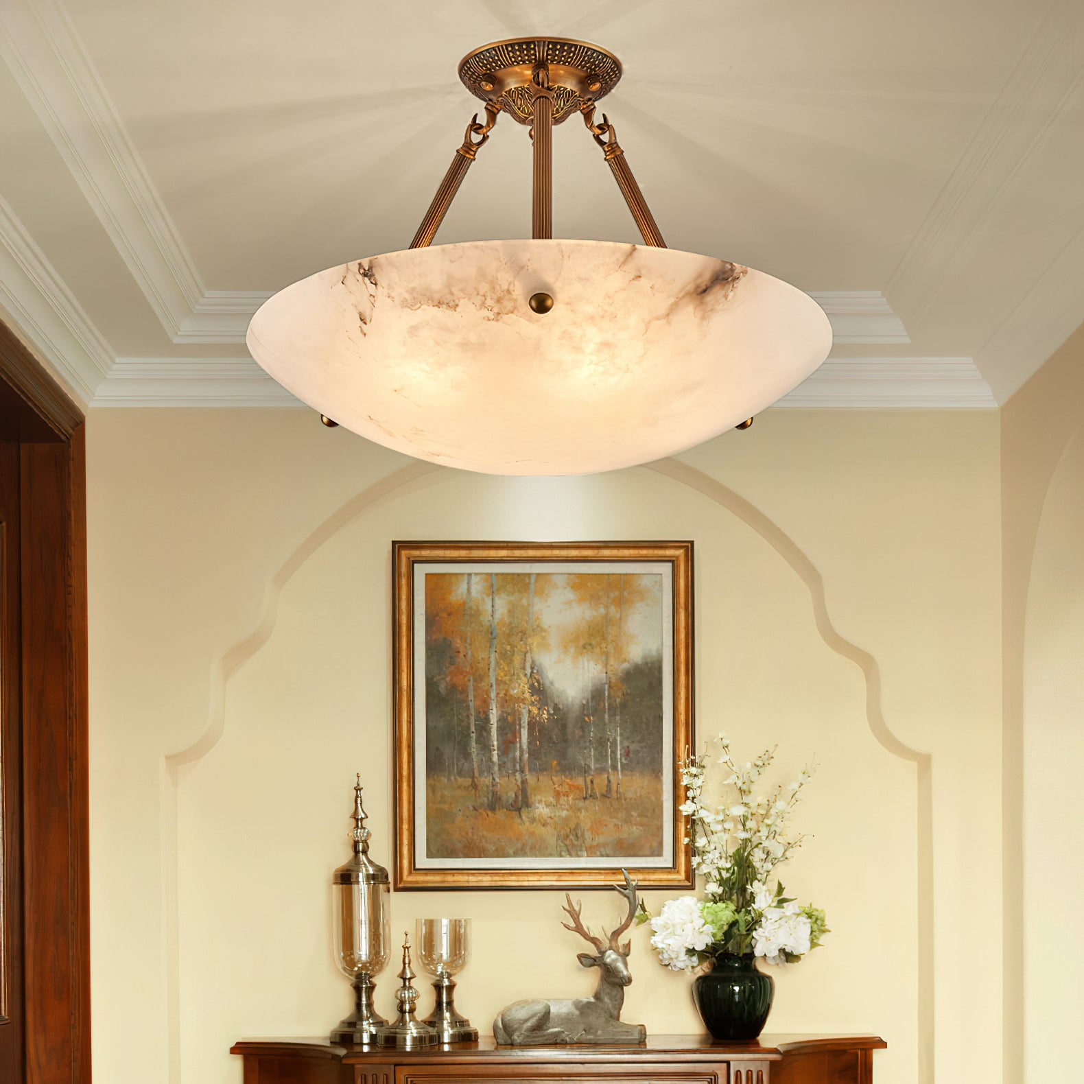 Alabaster Bowl Ceiling Light Fixture - Modern Handcrafted Stone Pendant Lamp for Dining Room, Living Room & Bedroom Lighting