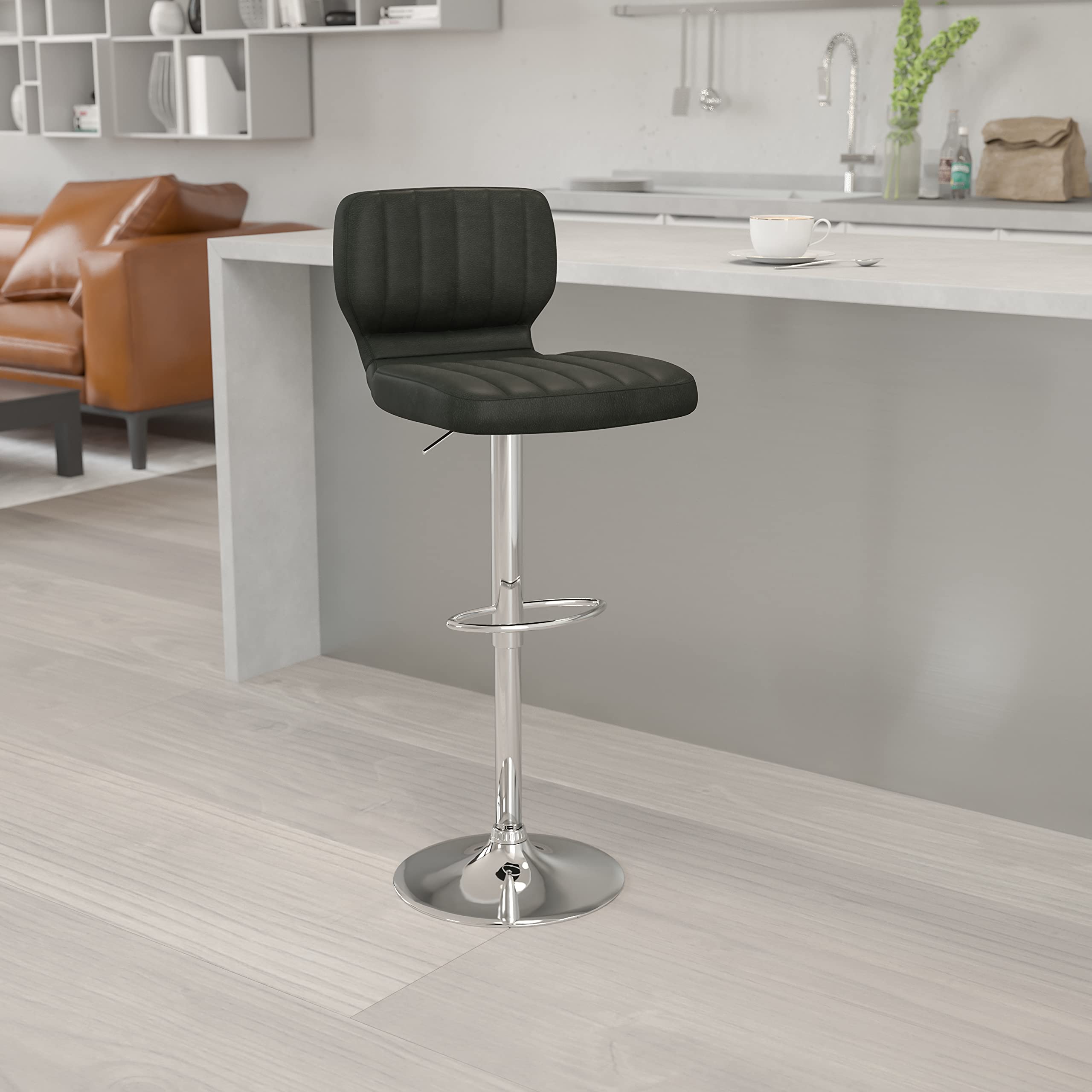 EMMA + OLIVER Black Vinyl Adjustable Height Bar Stool with Vertical Stitch Back - Modern Kitchen Island & Breakfast Nook Seating for Home & Restaurant Use