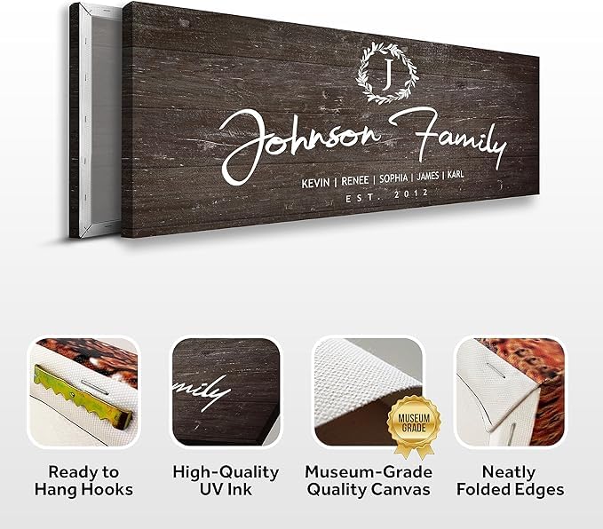 Personalized Family Name Sign - Custom Last Name Wall Decor Canvas for Living Room, Fireplace, Kitchen & Front Door - Monogram Family Sign with Dark Background (48x16 inches) - Perfect for Home Decor, Housewarming Gifts & Farmhouse Style Interiors
