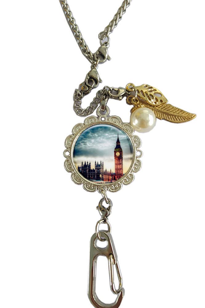 RhyNSky London Big Ben Chain Lanyard - Adjustable Necklace, Bracelet & Keychain with Clasp - ID Card Holder, Name Tag & Eyeglass Strap - Perfect for Office, School, Travel & Events (Style C1573)