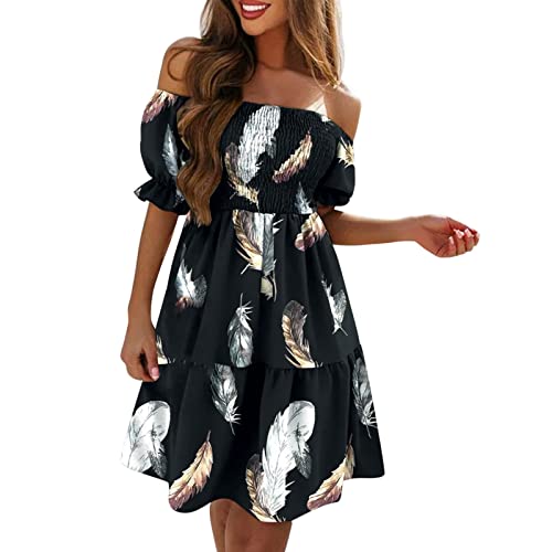 Women's Summer Maxi Dress - Flowy Off Shoulder Short Sleeve with Ruffle & Smocked Elastic Waist - Casual Knee Length Sundress (Black, M) - Perfect for Beach Vacations, Brunch Dates & Summer Outings