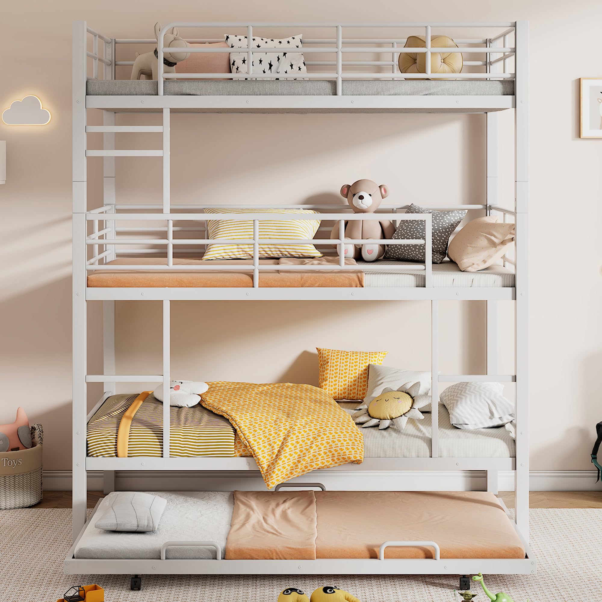 BOVZA White Metal Triple Twin Bunk Bed with Trundle - Twin Over Twin Over Twin 3 Tier Bunk Bed for 4 People, Convertible to 3 Separate Beds, Includes 2 Ladders & Guardrails - Perfect for Kids, Teens, Dorms, Small Bedrooms & Space-Saving Solutions