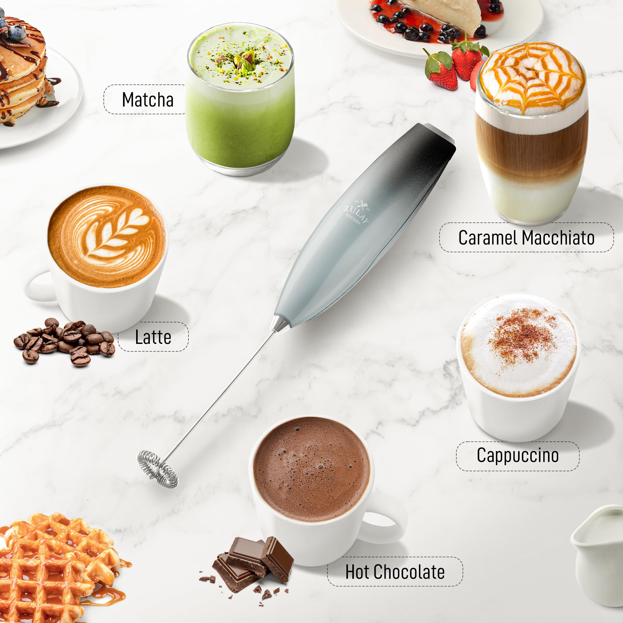Zulay Premium Electric Milk Frother for Coffee, Latte, Cappuccino & Matcha - 300W Powerful Handheld Frother with Whisks - Perfect for Home, Office & Cafe Use - Create Foamy Drinks, Smoothies & Desserts