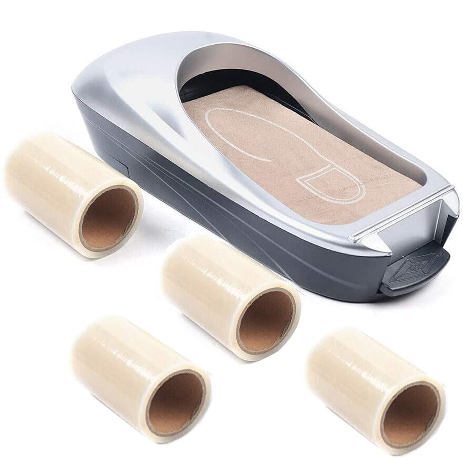 LiangWan Automatic Shoe Cover Dispenser Machine - Portable Disposable Overshoes & Shoe Film Dispenser for Home, Office, Lab (Silver, Includes 4 Rolls of Shoe Film) - Perfect for Medical, Cleanroom, and Household Use