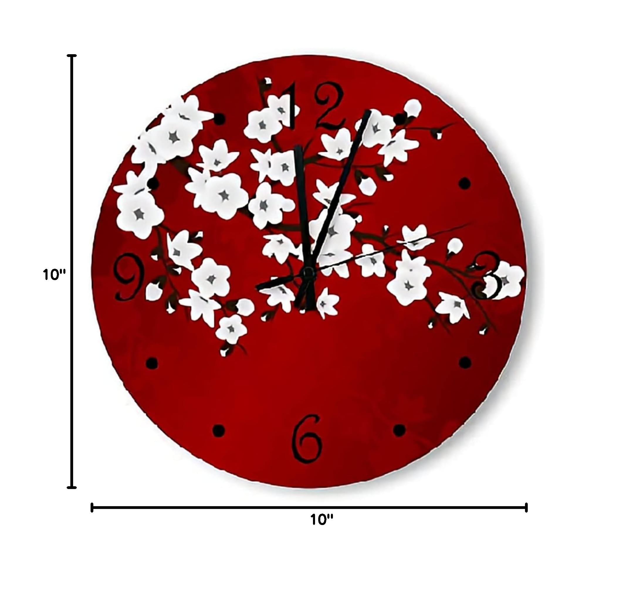 10 Inch Cherry Blossom Oriental Red Wall Clock - Silent Battery Operated Round Wood Wall Decor for Living Room, Bedroom & Office - Large Decorative Black and White Hanging Clock