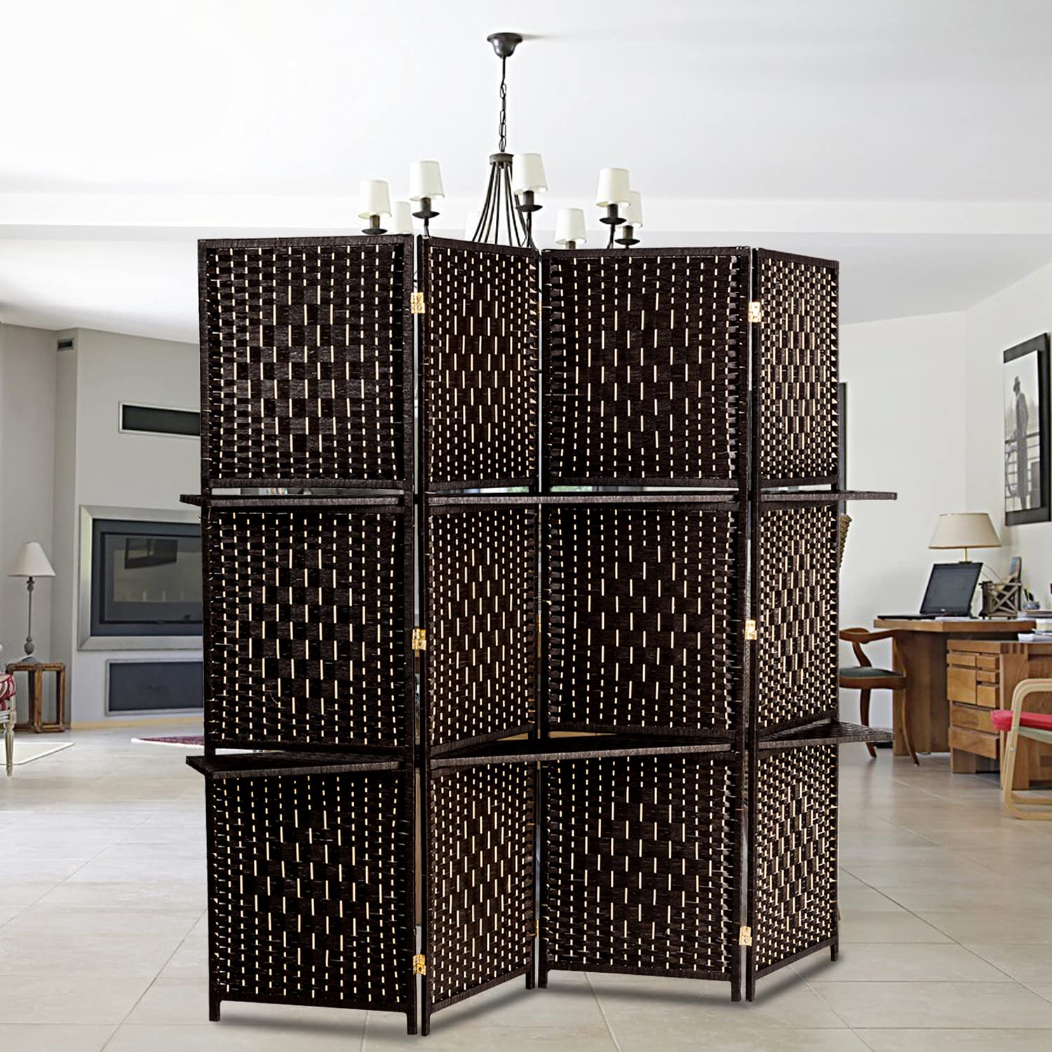 HOMVENT 4-Panel Wicker Weave Room Divider - 6ft Rattan Privacy Screen with 2 Shelves for Indoor & Outdoor Use | Perfect for Living Room, Bedroom, Dining Room, Office & Patio Decor