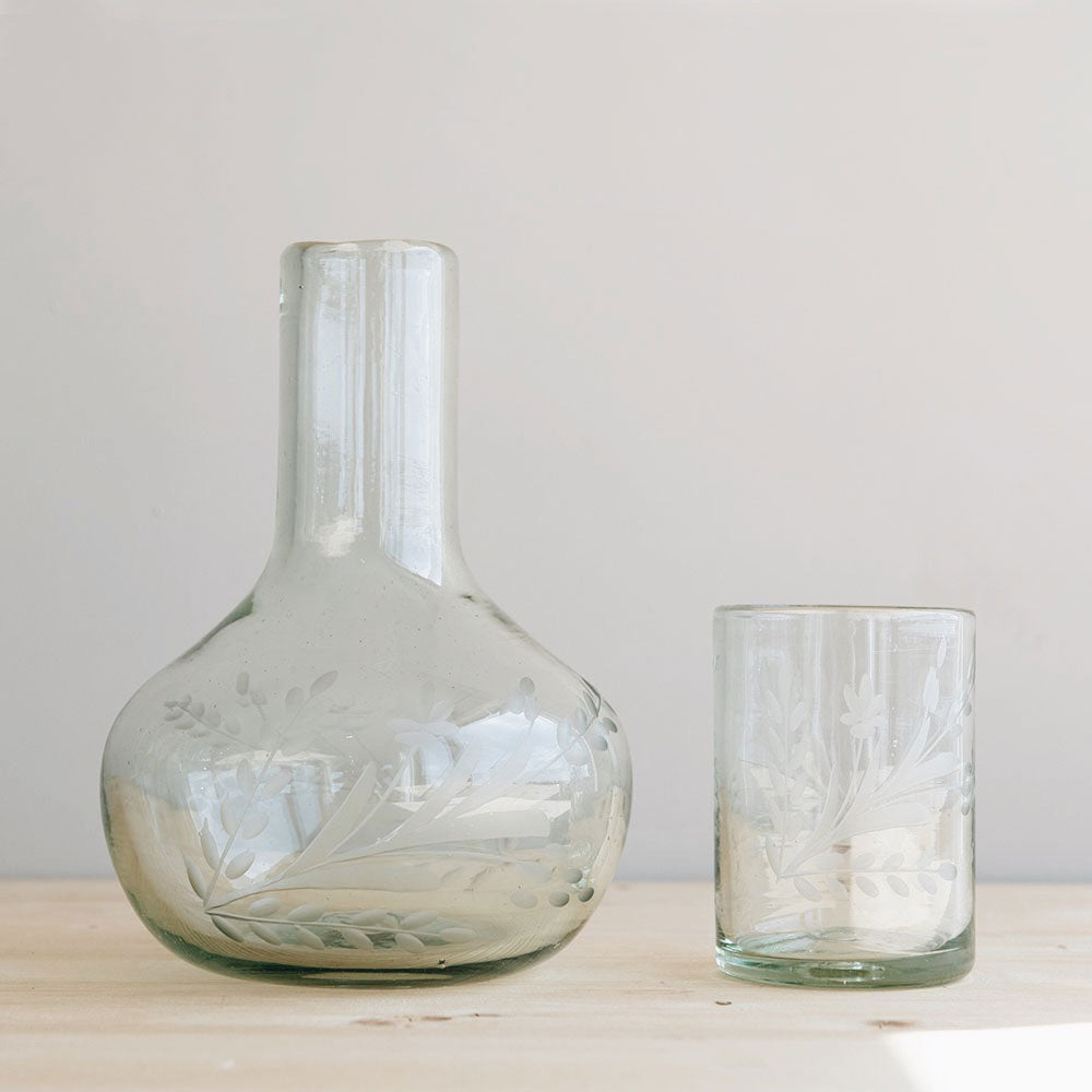 Eco-Friendly Recycled Glass Etched Carafe Set - 2 Piece Water Pitcher with Lid - Perfect for Iced Tea, Lemonade & Cocktails - Sustainable Home Bar & Kitchen Decor