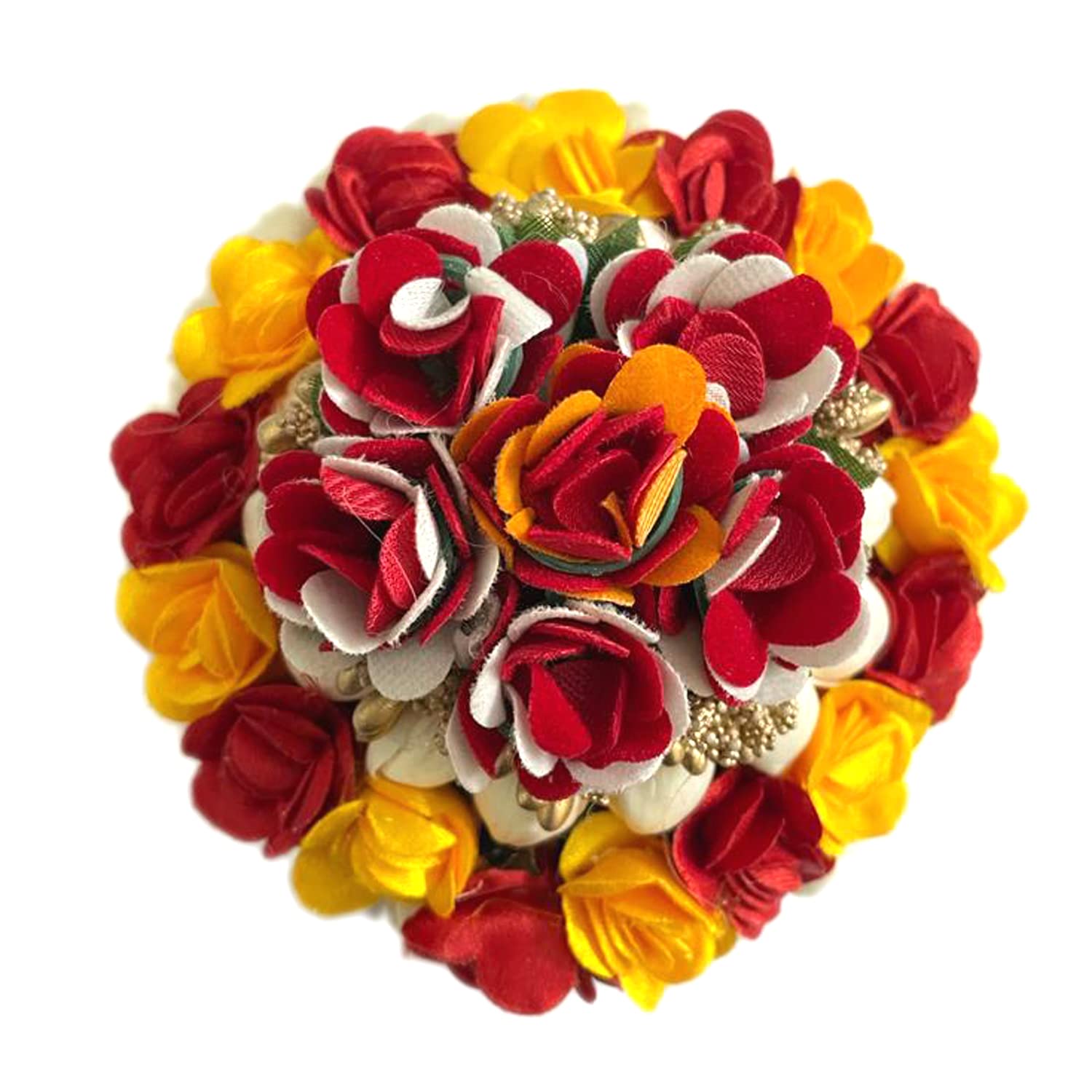 Maahal Artificial Flower Hair Bun Gajra - Bridal Hair Accessories for Women & Girls - Pack of 1 (Red & Yellow) - Perfect for Weddings, Parties & Festive Occasions