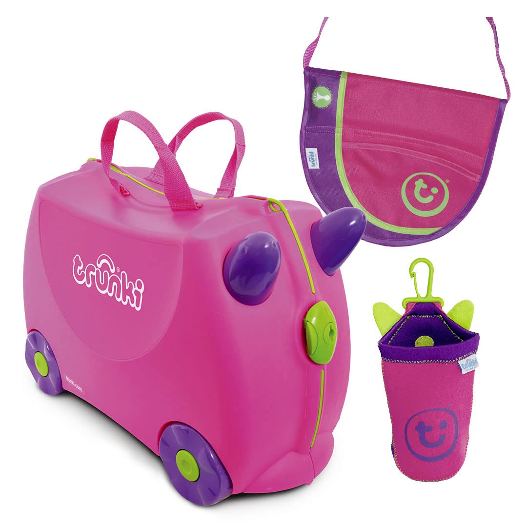Trunki Kids Ride On Suitcase with Saddle Bag & Holster - Trixie Pink | Fun Travel Luggage for Toddlers | Perfect for Airports, Road Trips & Family Vacations